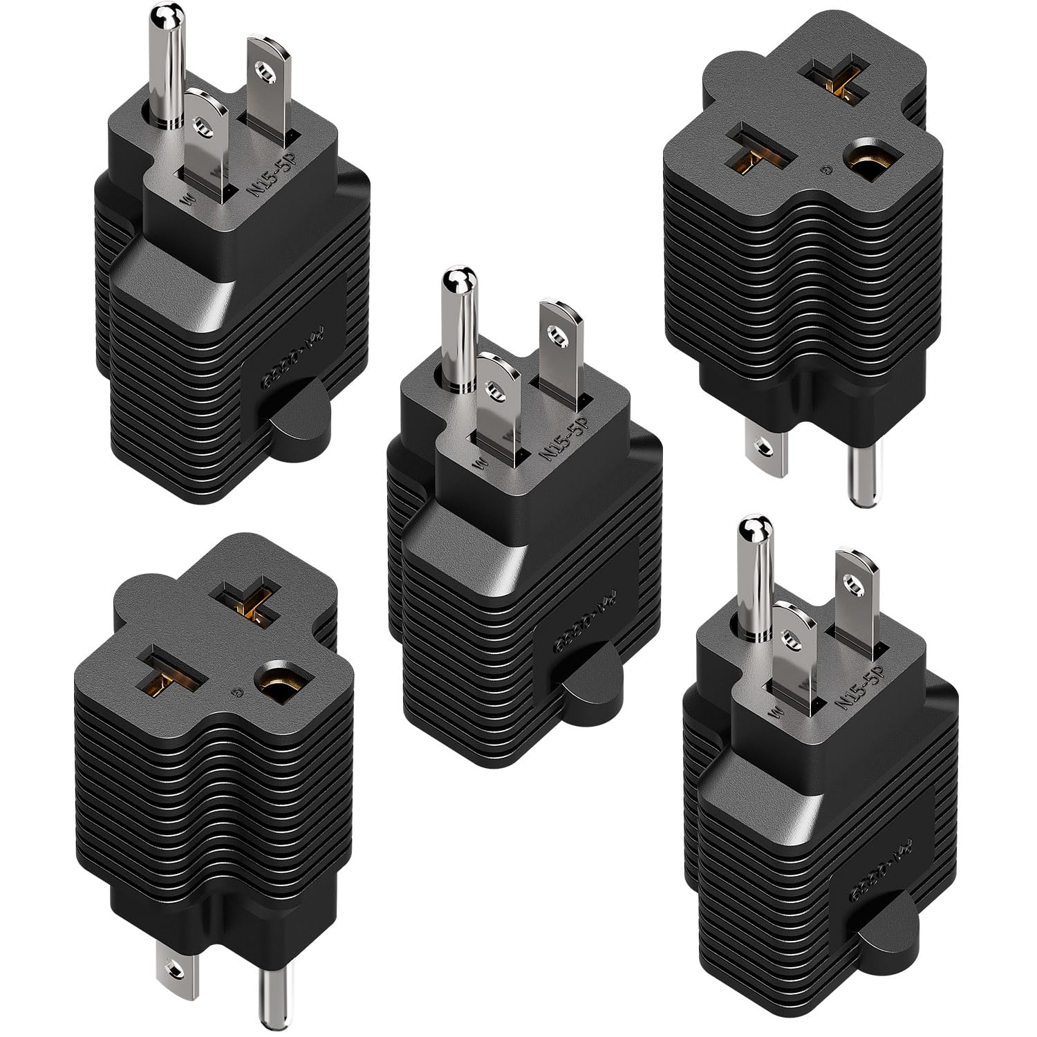 5 Pack NEMA 5-15P to 5-20R, 5-20R, 6-15R, 6-20R AC Power Adapter | 4-in-1 15 Amp Household AC Plug to 20 Amp T Blade Adapter, 5A 125V to 20A 250V Adapter