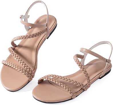 Women Flat Sandals Dressy Strappy Gladiator Summer Ankle Strap Nude Open Toe Comfortable Wedding Casual Leather Ladies Party Trendy Vacation