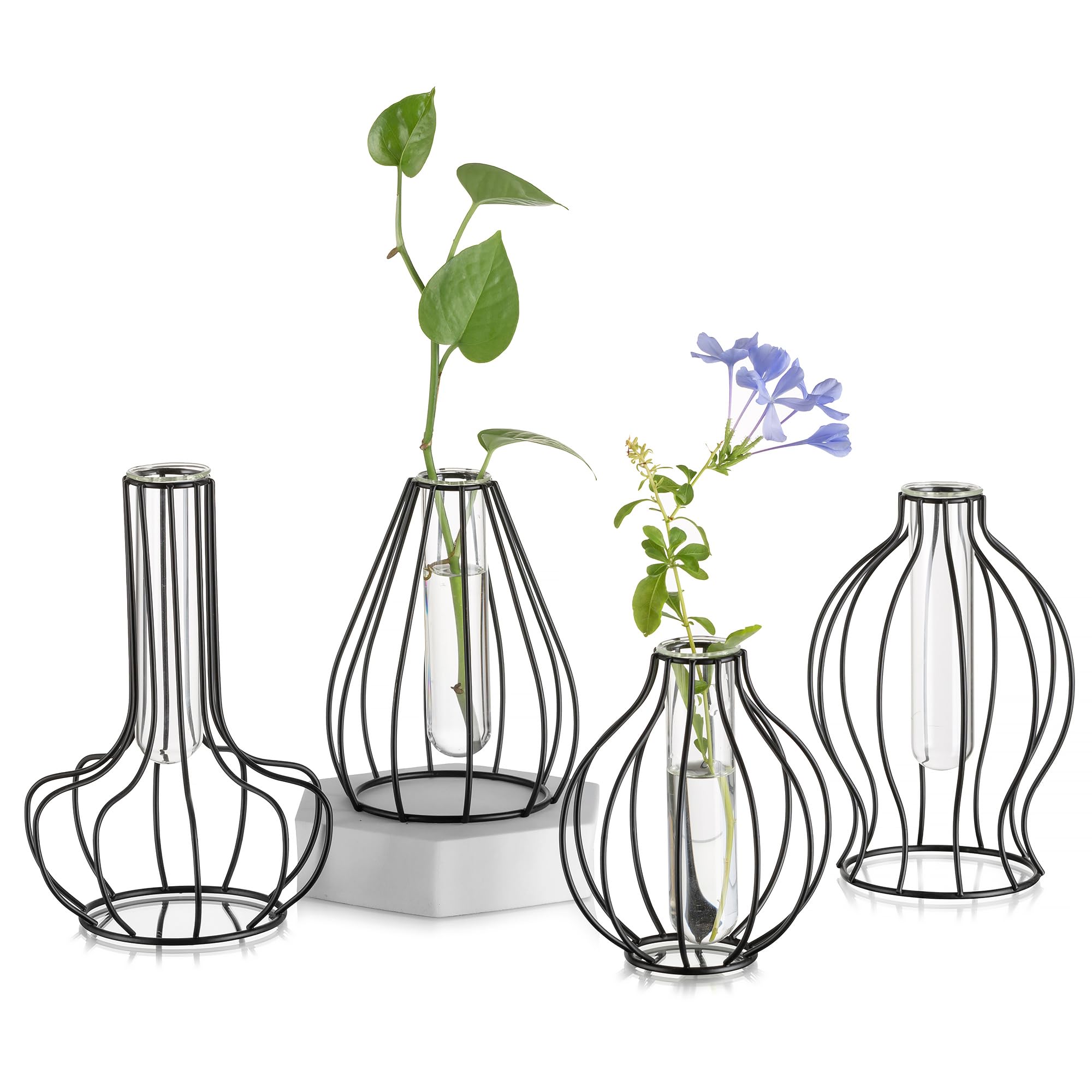 Vaso Portafiori In Metallo Nero Con Provetta In Vetro, Decorativo Da Scrivania, Idroponico, 12x16 Cm
