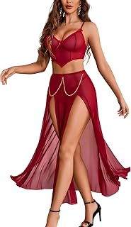 Women Lingerie Babydoll Chemise 3 Piece Set Mesh Side Split Nightgown