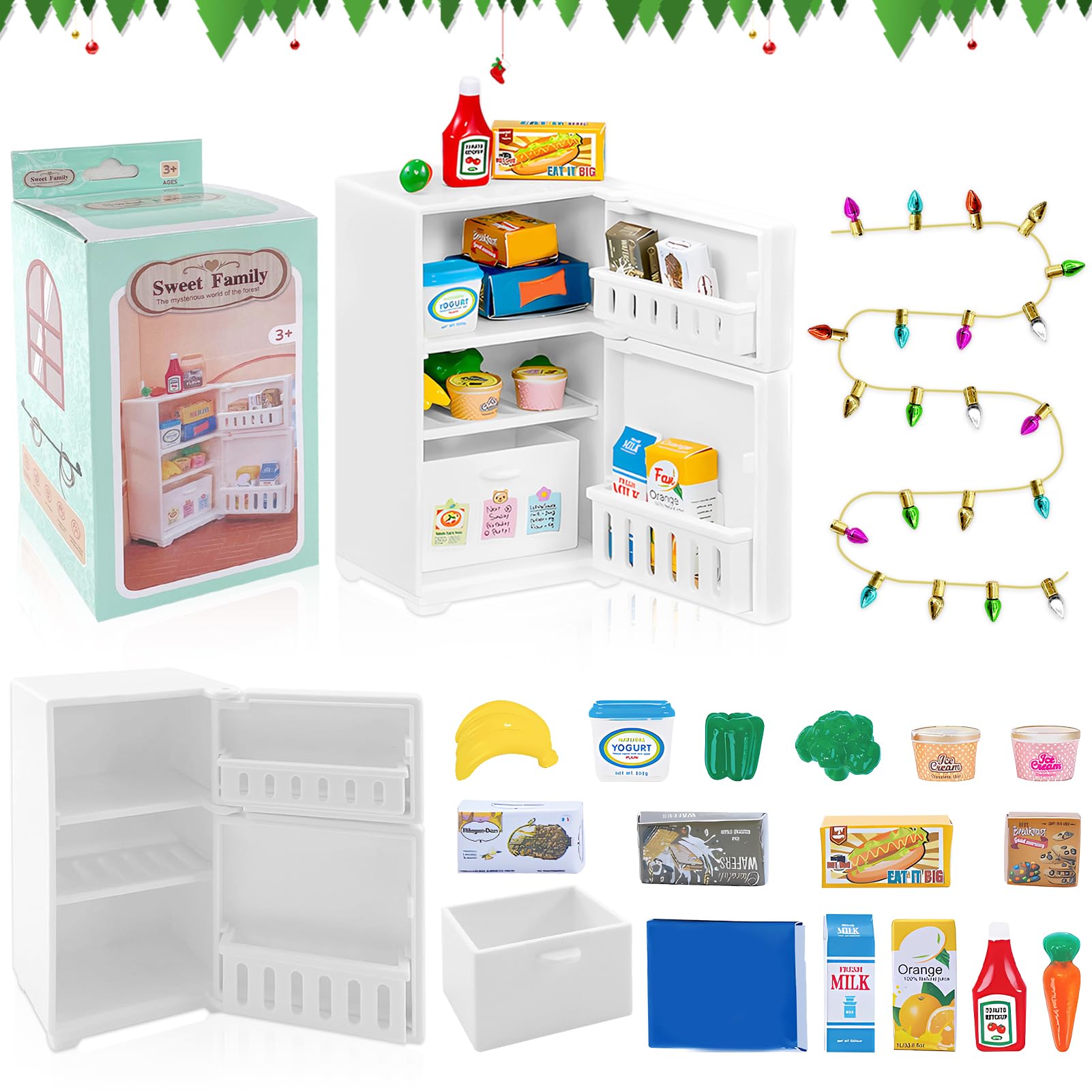 TOPJOWGA 17 Piezas Miniatura Casa de Muñecas Decoración, Casa de Muñecas Accesorios de Navidad, Miniatura-Refrigerador, Accesorios para Casa de Muñecas, Adornos en Miniatura de Navidad