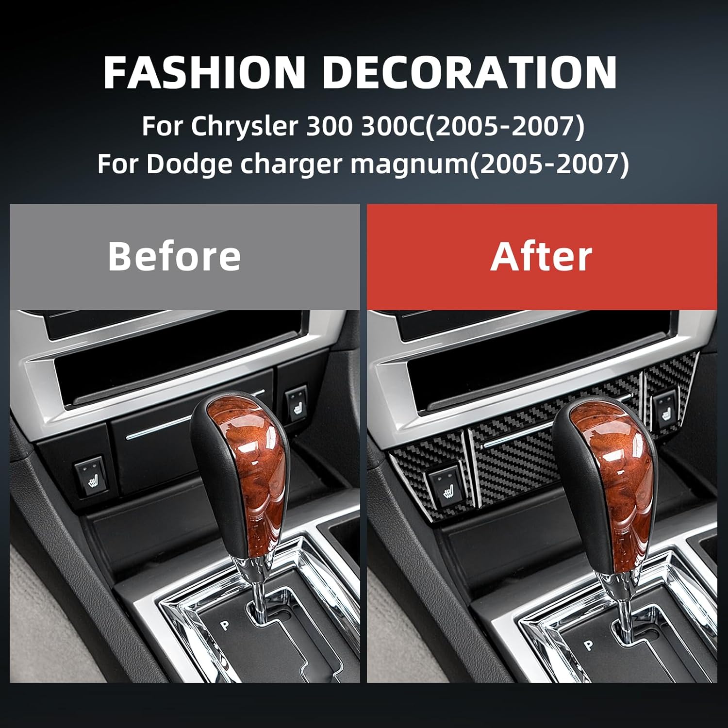 Real Carbon Fiber Central Ashtray Cover Sticker (with Seat Heating Button Trim) Covers - for Chrysler 300 300C 2005 2006 2007 Carbon Fiber Accessories, Protective Accessories (Black)