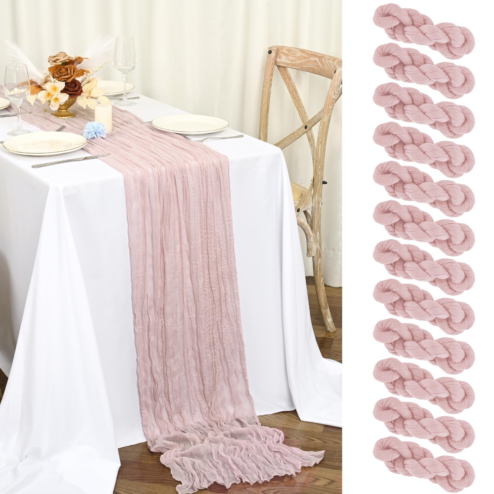 12 Pack Pink Cheesecloth Table Runner 45x275 cm Boho Gauze Cheese Cloth Table Runner for Wedding Party Baby Bridal Shower Birthday Decorations