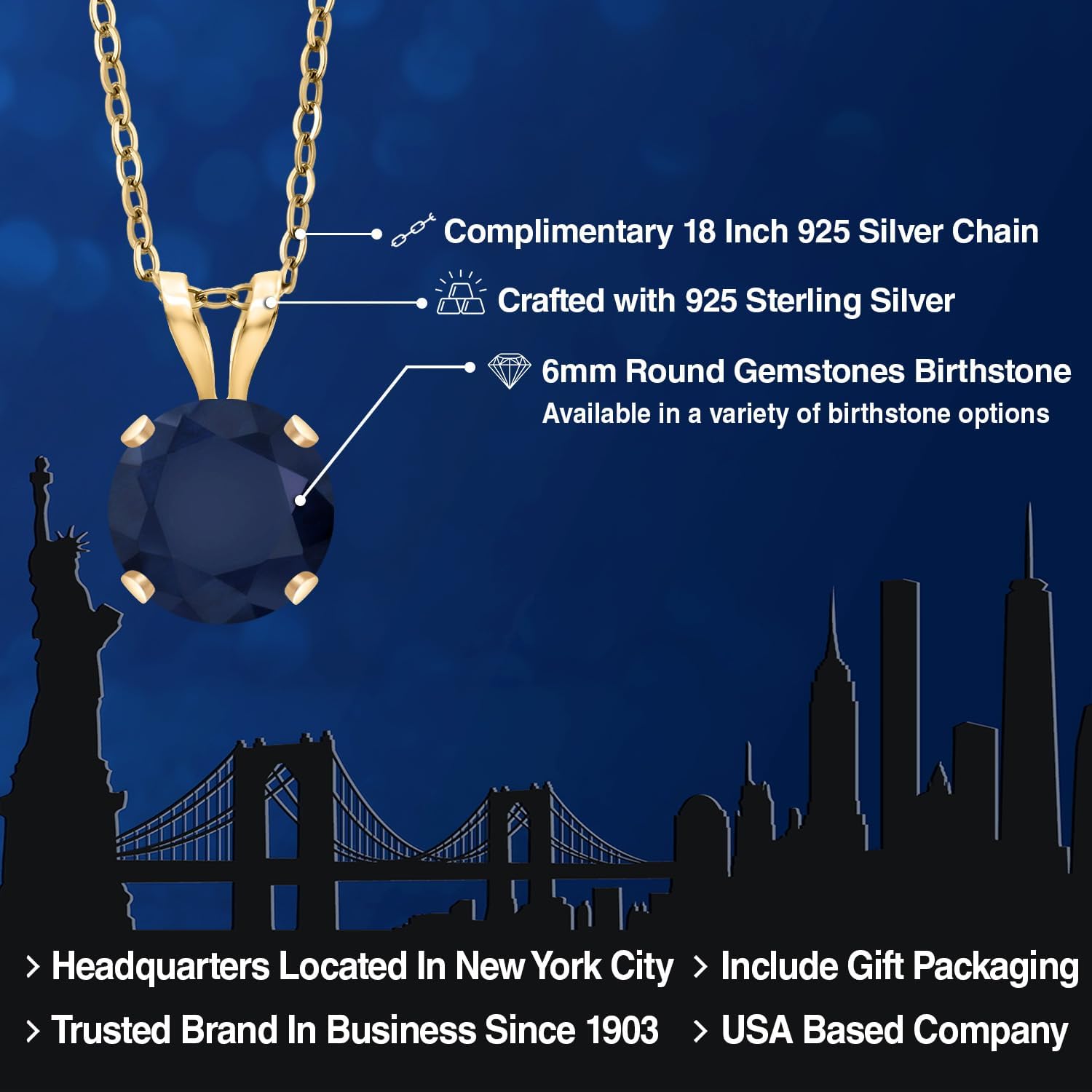 Gem Stone King 14K Yellow Gold Blue Sapphire Pendant Necklace for Women | 1.10 Cttw | Gemstone September Birthstone | Round 6MM | With 18 Inch Silver Chain - Image 2