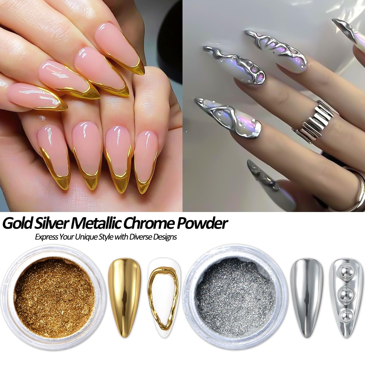 Kit de polvo de uñas cromado y gel de uñas 3D, efecto espejo metálico, polvo cromado para arte de uñas, pigmento iridiscente holográfico de polvo de inmersión Aurora y gel de escultura de 3