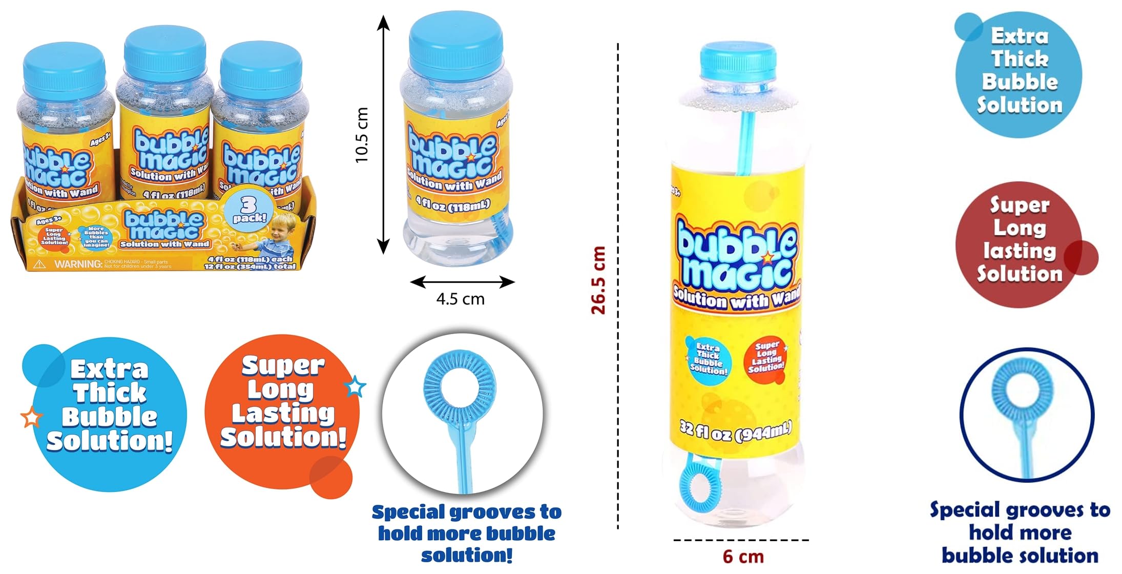 Bubble Magic 944 ML Solution with Wand, Gift Set for Boys & Girls for The Age 3+ & Bubble Magic Bubble Solution Bottle with Wand - Pack of 3 118 ML Each, Multicolor (BM50001)