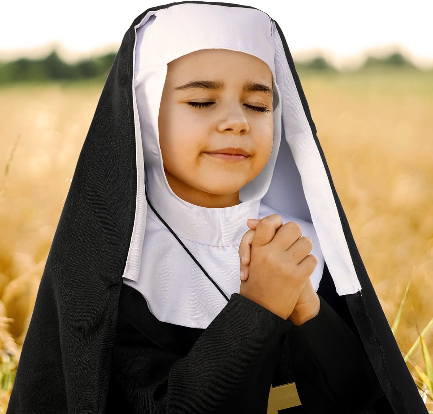 Mepase 3 Pcs Girls Nun Costume Set with Cross Necklace Halloween Nun Costume for Kids Horror Catholic Sister Robe Costumes - Image 3