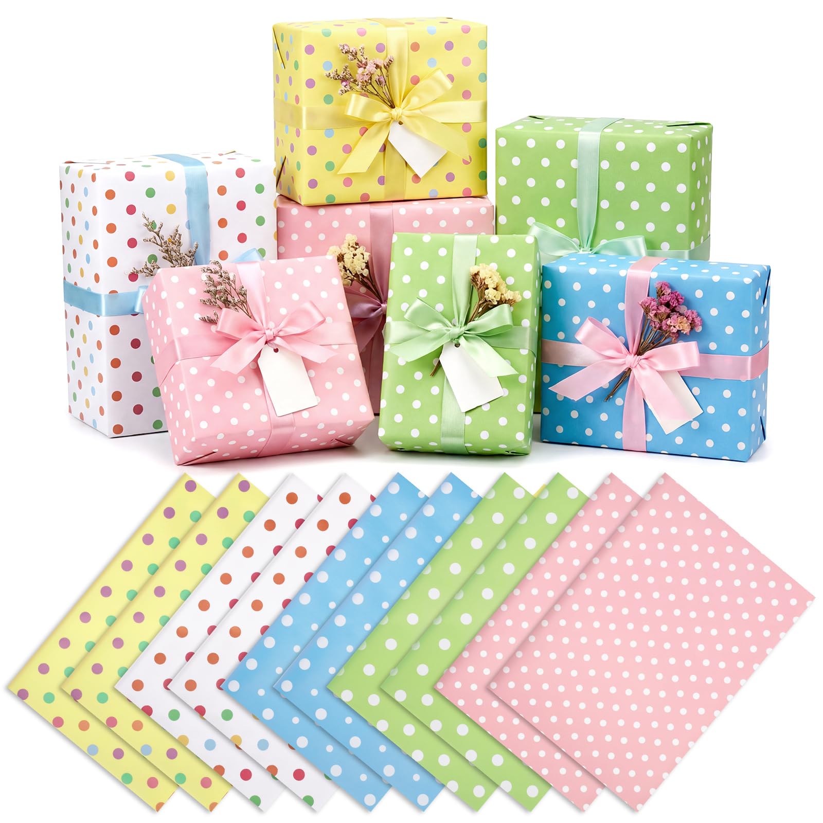 woric 10 Sheets Birthday Wrapping Paper, Polka Dot Gift Wrapping Paper Colorful Gift Wrap with Tape for Birthday Baby Shower Wedding Party Girls Women Mom Besties(70x50cm)