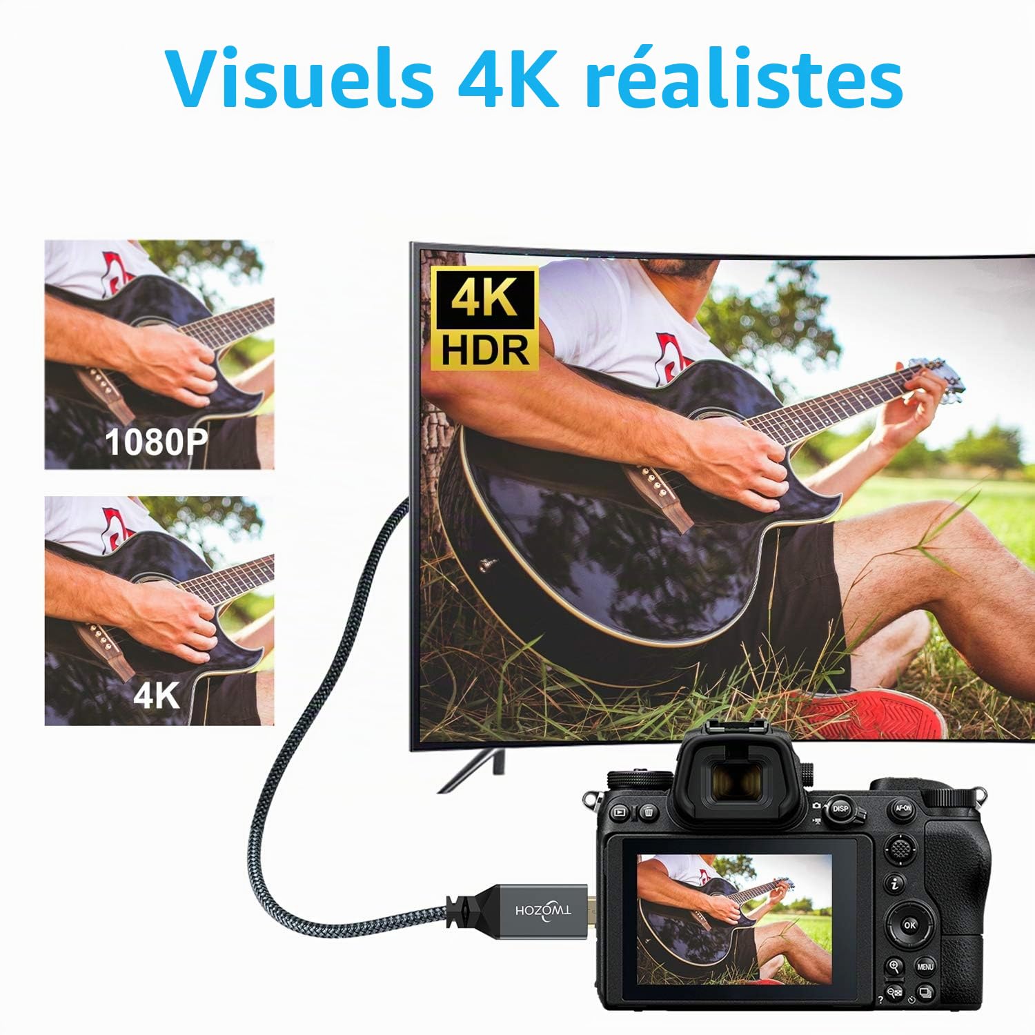 Twozoh Câble Micro HDMI vers HDMI 5M, Nylon tressé Câble HDMI A vers Micro HDMI D, Supporte 3D 4K/60Hz 2.0 1080p