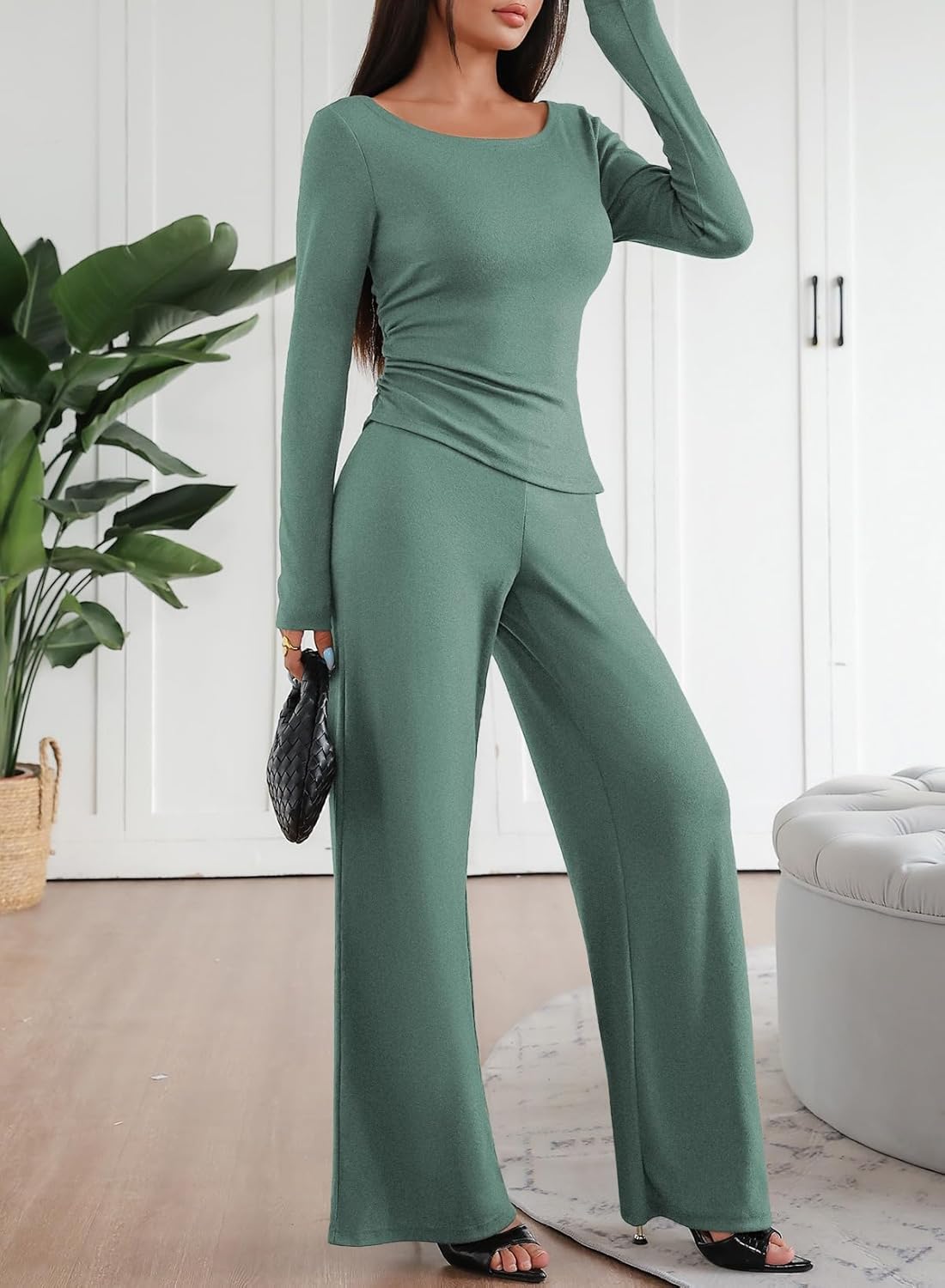Pink Queen Sweatsuits Women 2 Piece Outfit Asymmetrical Long Sleeve Top Wide Leg Pants Casual Matching Sweat Sets - Image 3