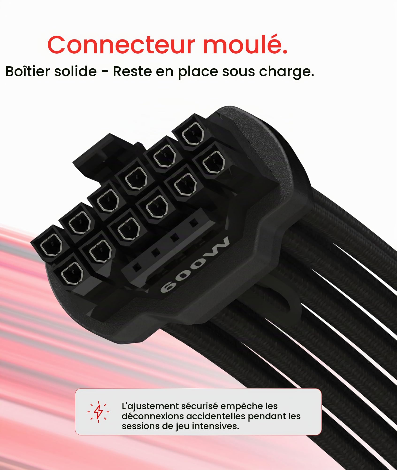 LINKUP - Câble d'alimentation haute puissance 600W PCIE 5.0 16 broches (12+4) AVA en angle gauche | Type moulé et soudé, 16AWG gainé | Compatible avec RTX5000 RTX4000 RTX3000 FE | 70 cm Noir
