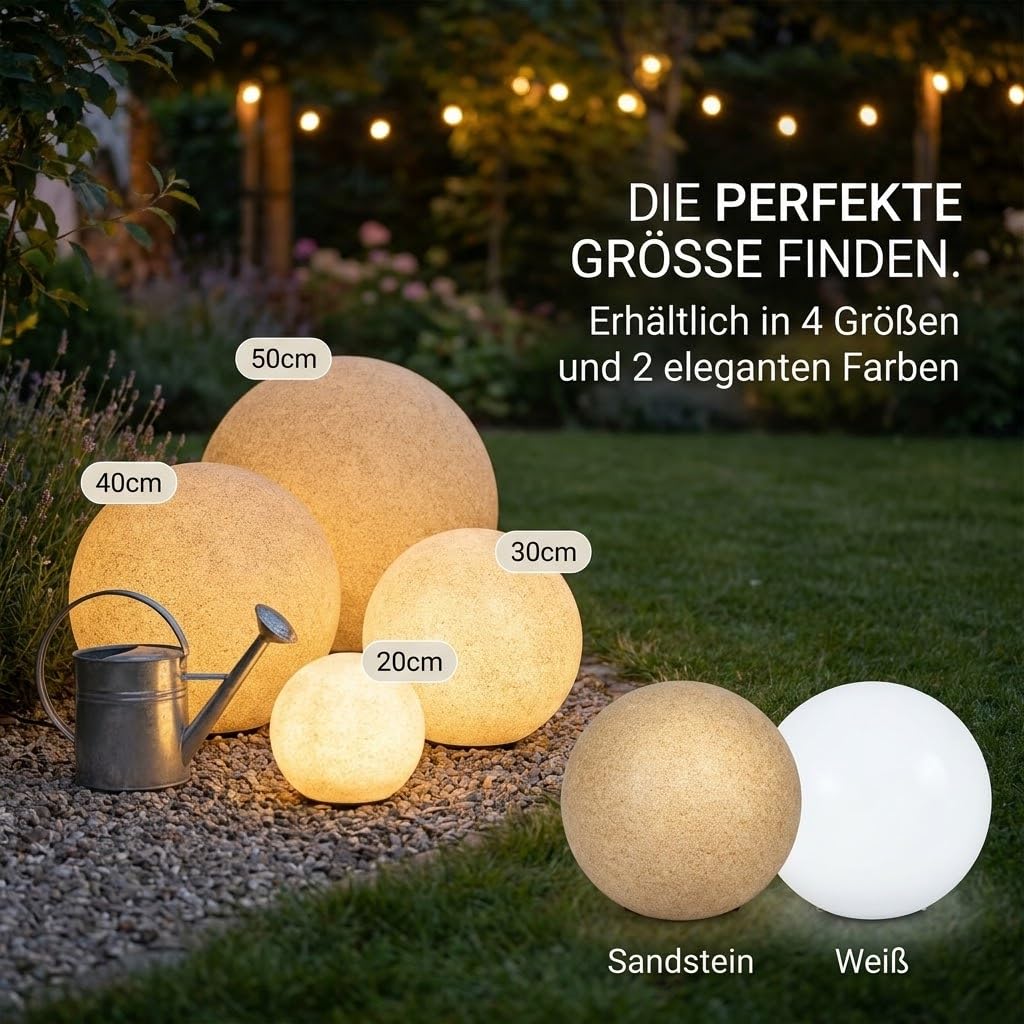 Kugellampen für Außen 30 cm Sandstein IP65, Garten Kugelleuchte E27 ohne Leuchtmittel, Wetterfest mit 3 m Kabel, Leuchtkugel Outdoor LL BELO