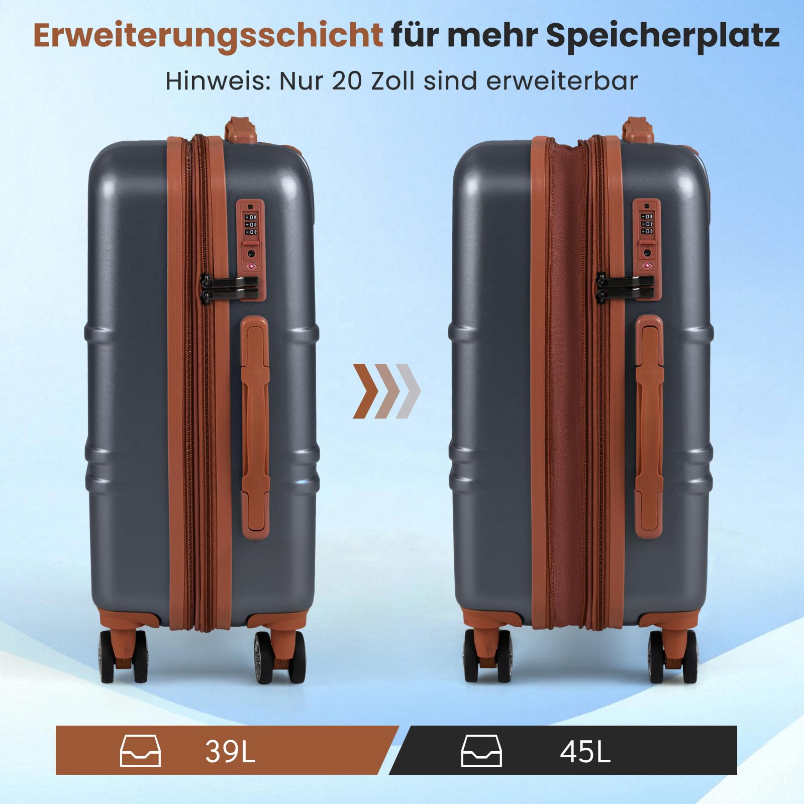 COSTWAY zestaw 3 walizek, 20+24+28 cali walizki podróżne rozszerzalne, zestaw walizek z twardą skorupą z zamkiem TSA, uchwyt teleskopowy, 4 kółka i osłony, walizki twarde do podróży, szary, 20” + 24