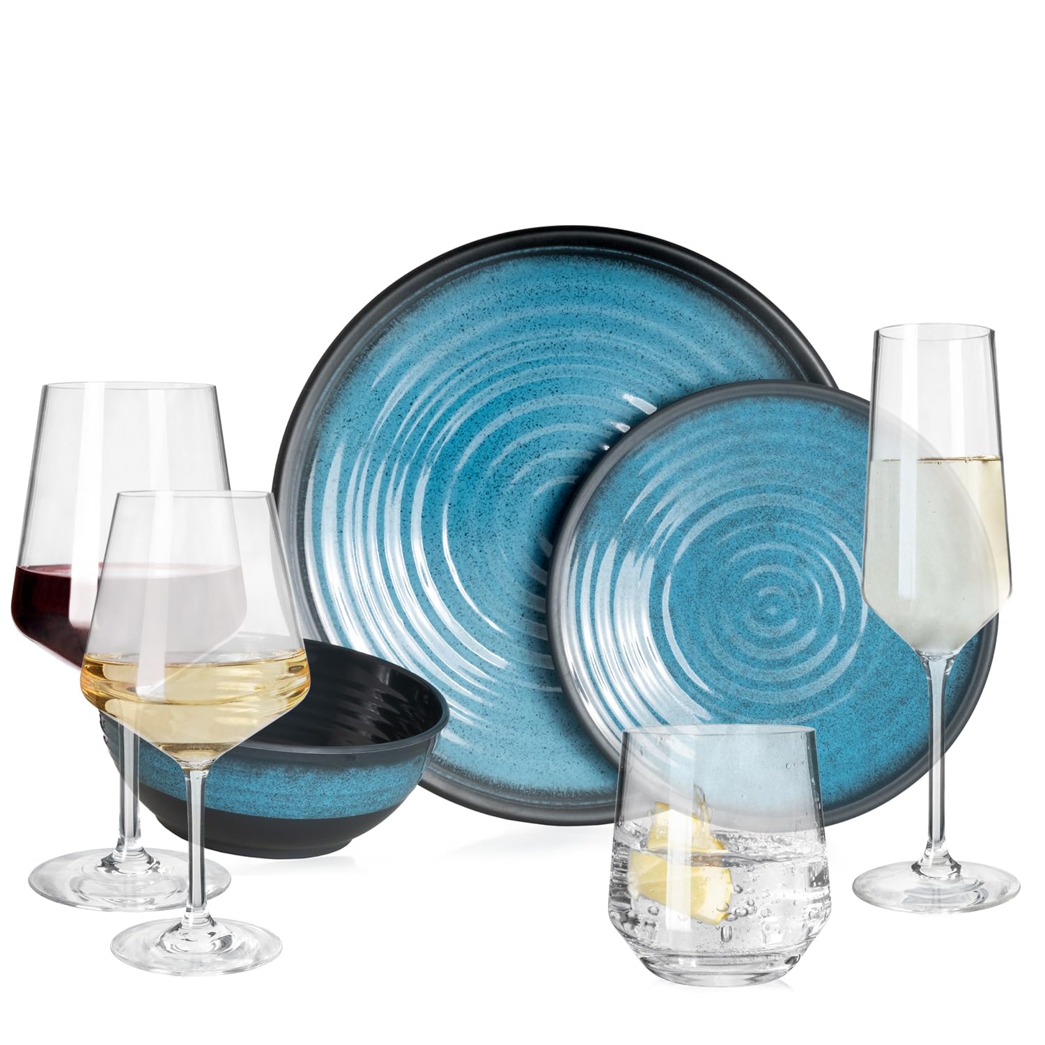 Vajilla de melamina para camping, 4 personas, color azul piedra + 16 vasos Milano, copas de vino, copas de champán, vajilla de pícnic, barbacoa