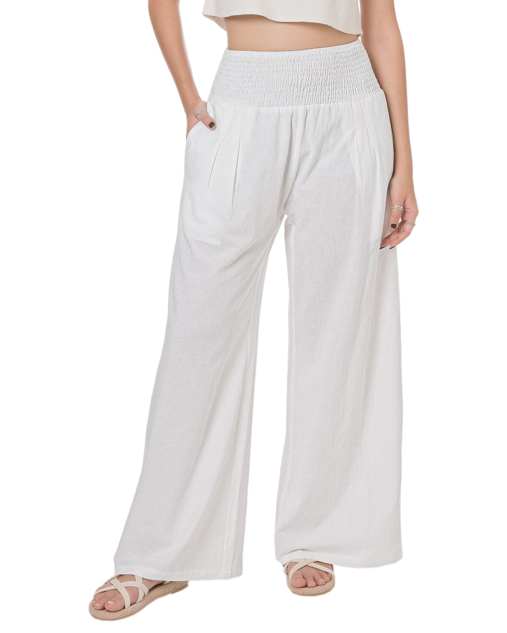 LOFBAZ Women Summer Flowy Cotton Linen Palazzo Wide Leg Pants Beach High Waisted Trousers Boho Long Lounge Pant with Pockets size S