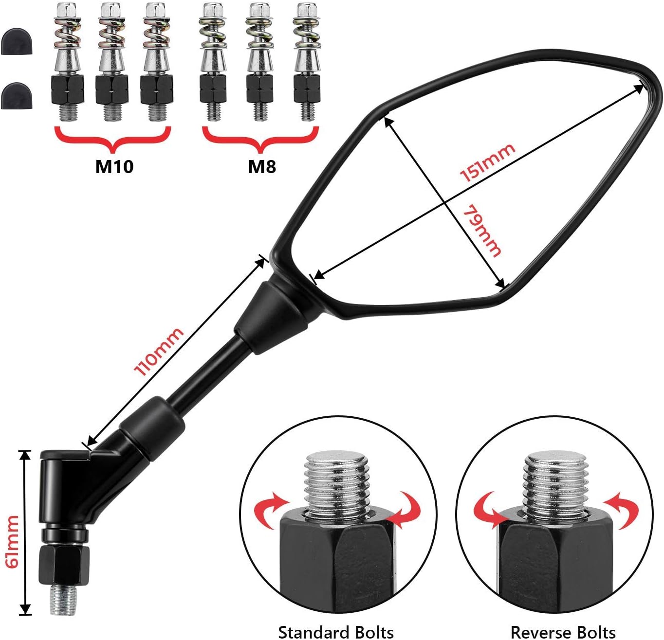 KEMIMOTO Motorcycle Mirrors, 360° Rotatable Rear View Side Mirror with Anti-Vibration 8MM 10MM Bolts, Convex Mirror with Anti-Shake Screws Compatible with GROM, Navi, Z125, Z400, MT-07, MT-09, KLR650