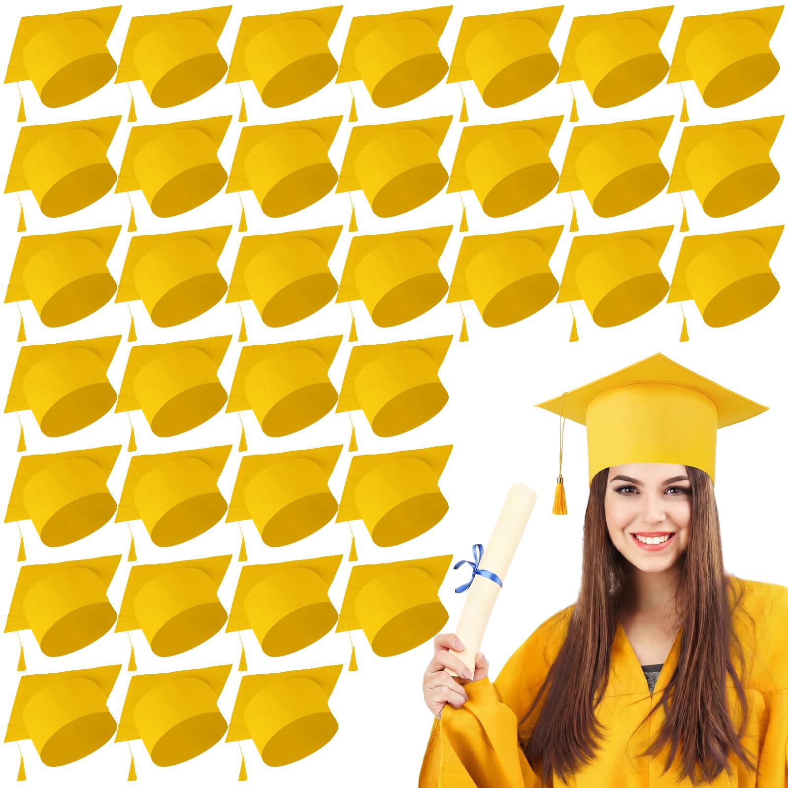 Photo 1 of JaGely 36 Pcs Adult Graduation Cap with Tassel Felt Grad Hat for Men Women Bachelor Master College Costume Accessory(Yellow)