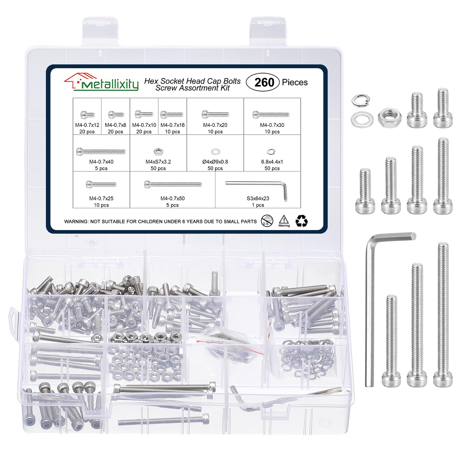 METALLIXITY Socket Head Cap Screws Kit (M4x8/10/12/16/20/25/30/40/50) 260Pcs, Stainless Steel Allen Socket Drive - Machine Internal Hex Screw, Silver — image 1