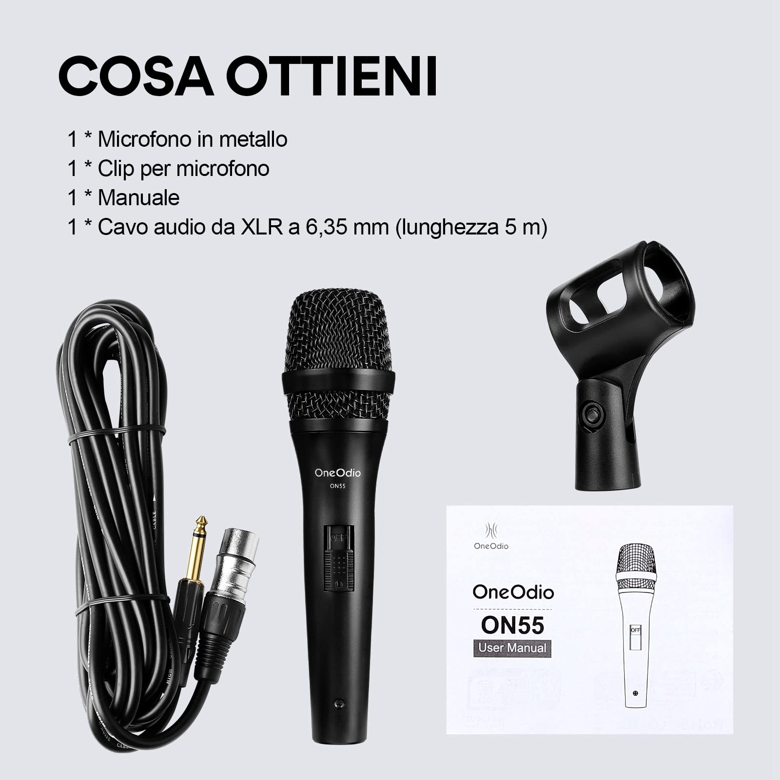 OneOdio ON55 Microfono Dinamico Cardioide con Cavo XLR da 5 m e Supporto per Clip, Microfono Vocale Portatile in Metallo con Interruttore On/Off per Registrazione, Canto Karaoke, Discorso