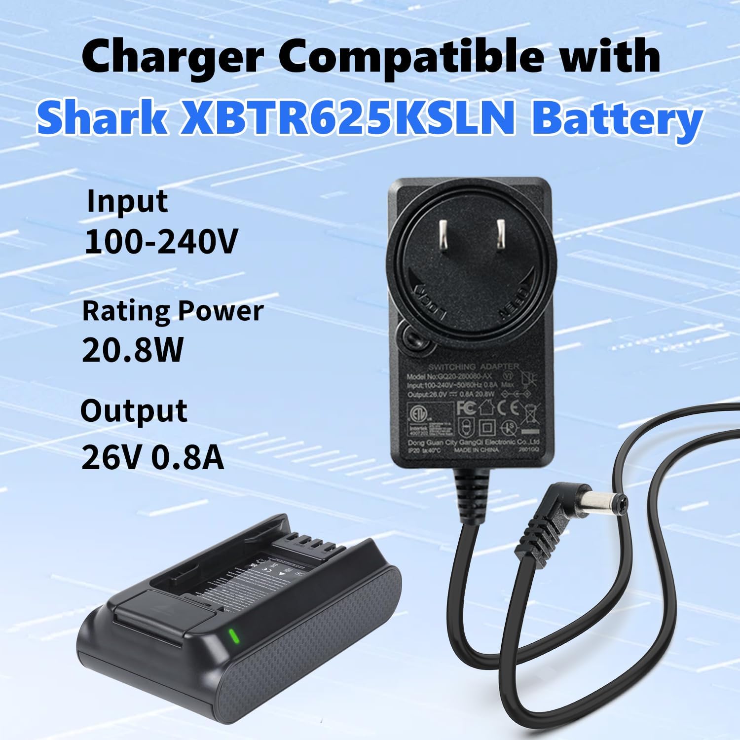 26V Battery Charger for Shark XBTR625KSLN 21.6V Battery, Replacement for Shark XBTR625KSLN Li-ion Battery Power Supply Charging Cord