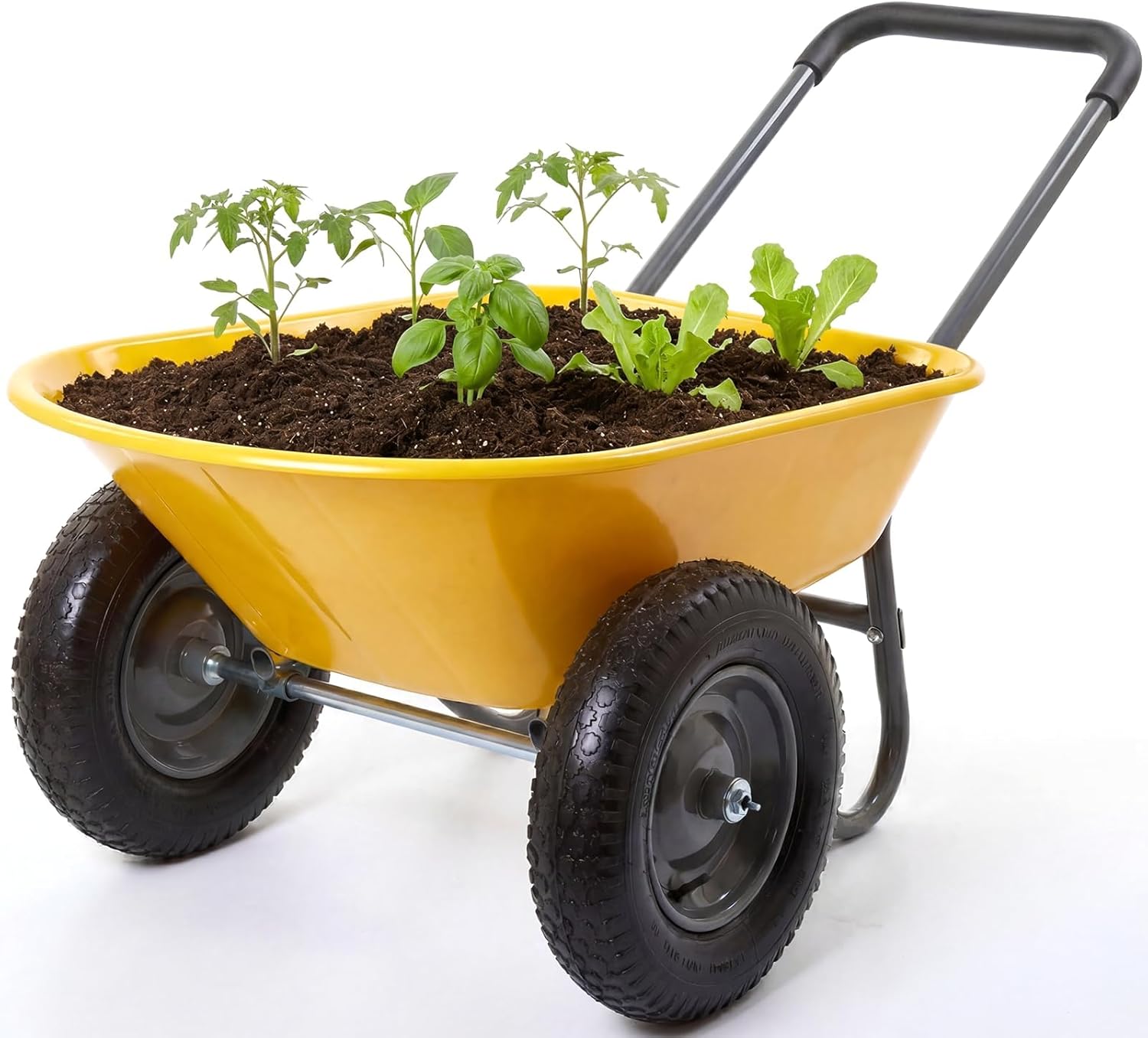 Heavy Duty Dual-Wheel Garden Wheelbarrow Cart with Built-in Stand – Versatile Yard Utility Trolley – Effortless Transport – Perfect for Outdoor and Home Use – Double Wheels, Yellow