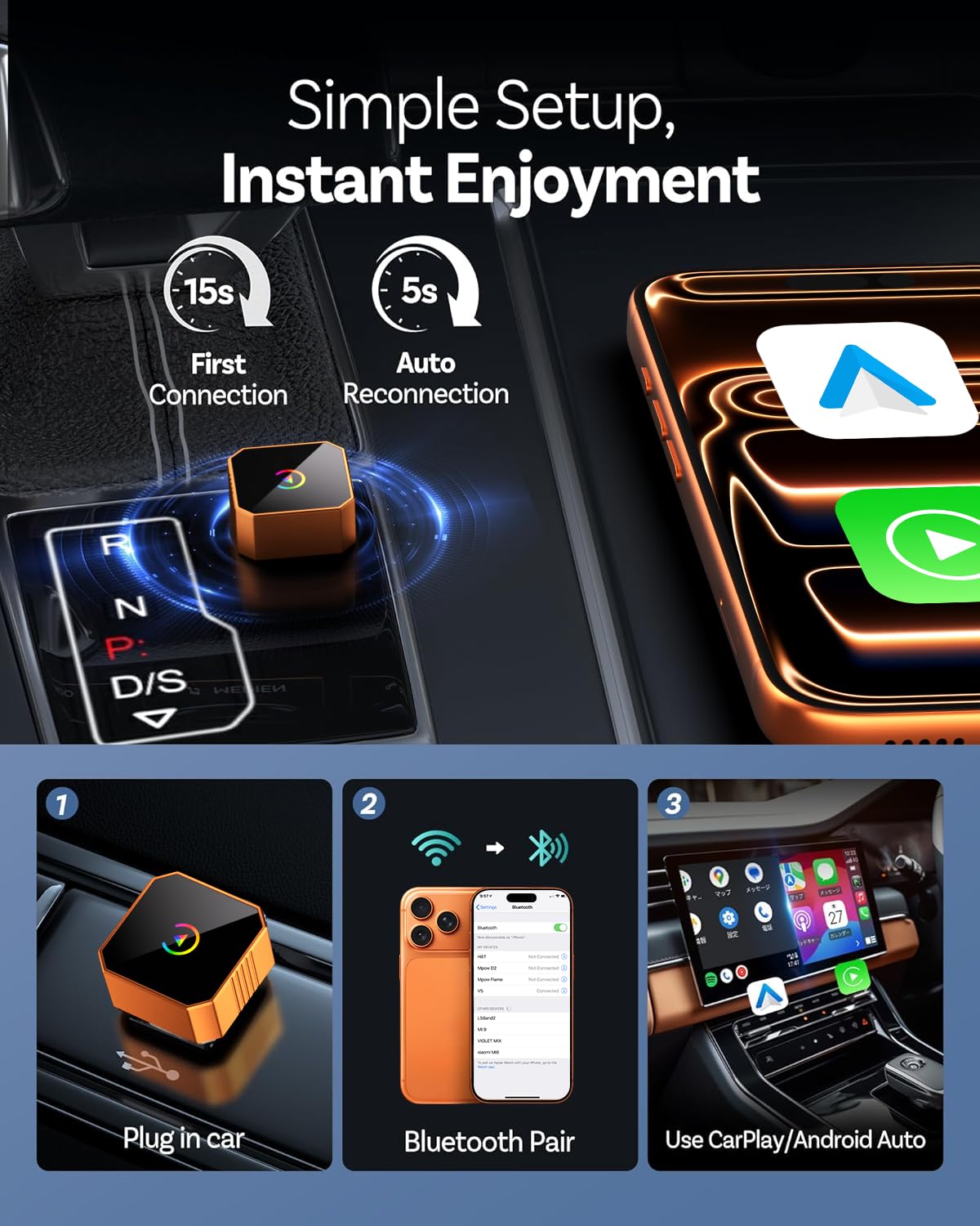 2026 Wireless CarPlay Adapter for iPhone ＆ Android Auto Mini Wired to Wireless Apple Car Play Adapter Plug & Play Compatible for iPhone iOS 10+ Android 11+ with After 2016 Cars — view 3