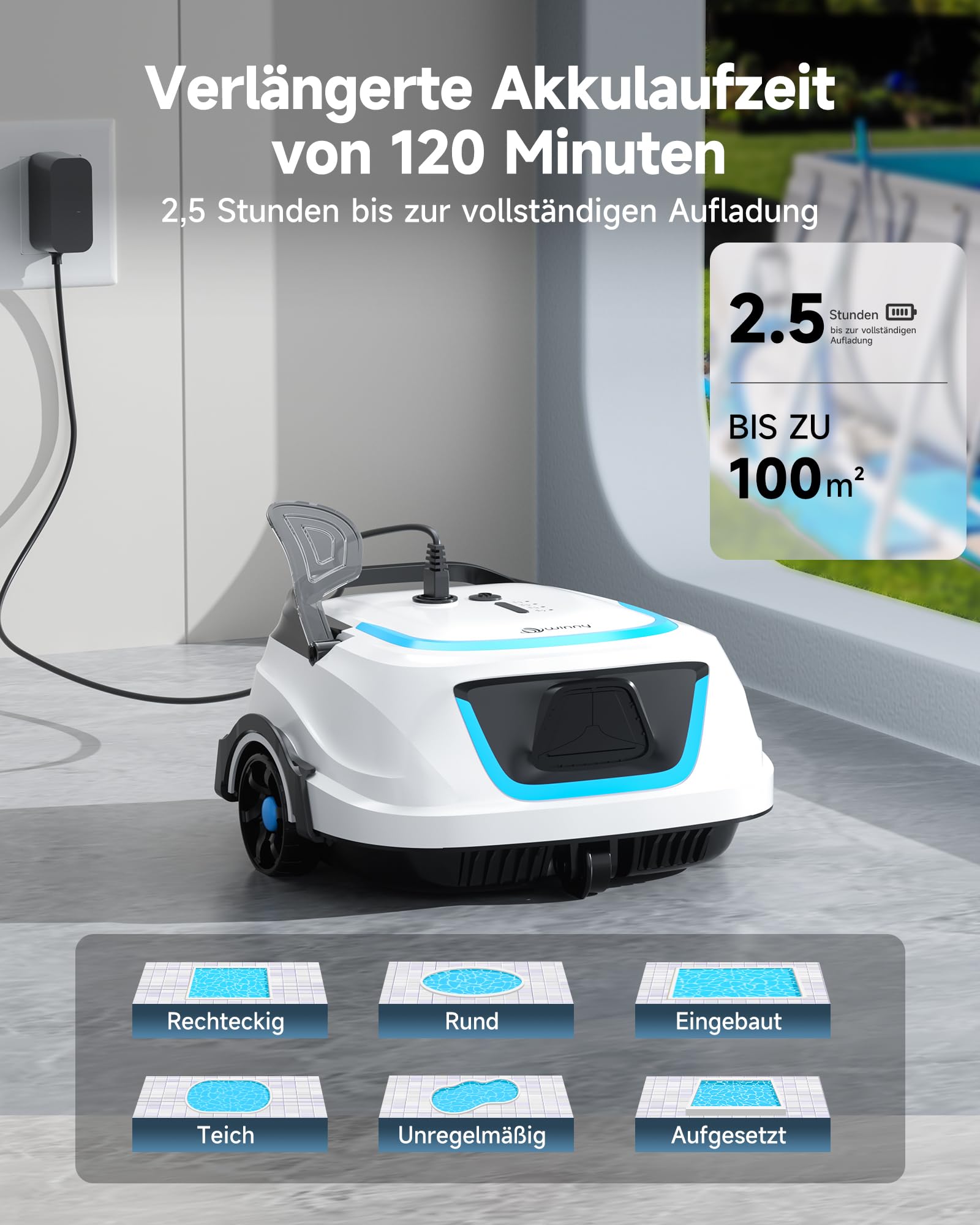 WYBOT A1/OS2010 Kabelloser Poolroboter, Poolroboter Akku 120 Min Laufzeit, Doppelsiebe, Reinigt Flache Aufstellpools Bis 100 M², Ideal für Poolroboter für Aufstellpool,Eisblau