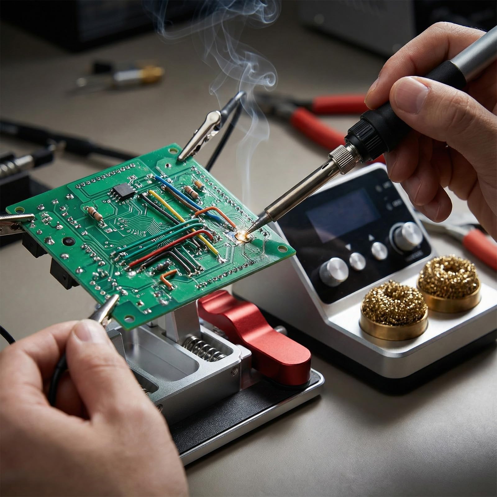 Morsetti per tavolo di saldatura e stazione di saldatura, supporto PCB regolabile 3 in 1 con morsetti in ceramica e coccodrillo per riparazioni elettroniche