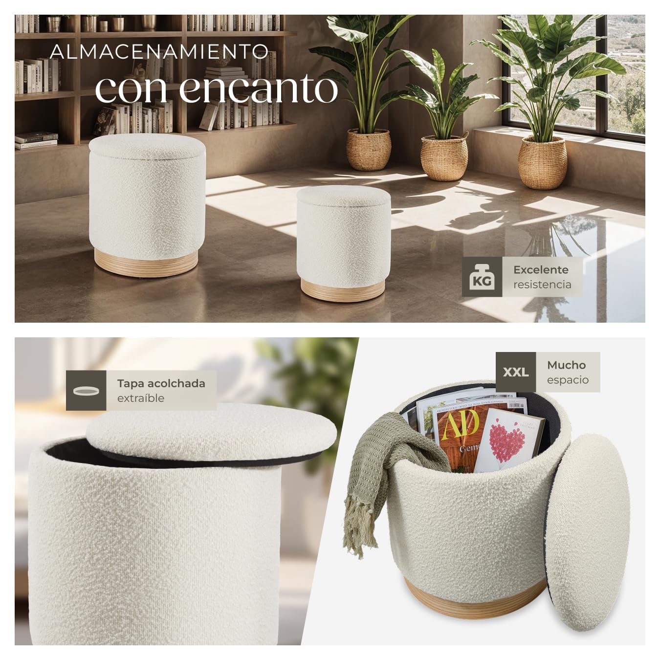 tectake® Taburete Grande y Pequeño, 2 Taburetes Acogedores y Apilables, Tela Bouclé, Escandinavo, Carga 120 kg, MDF, Gran Puff Salon Almacenaje para Hogar, Pequeño Zapatero Entrada Recibidor - Crema