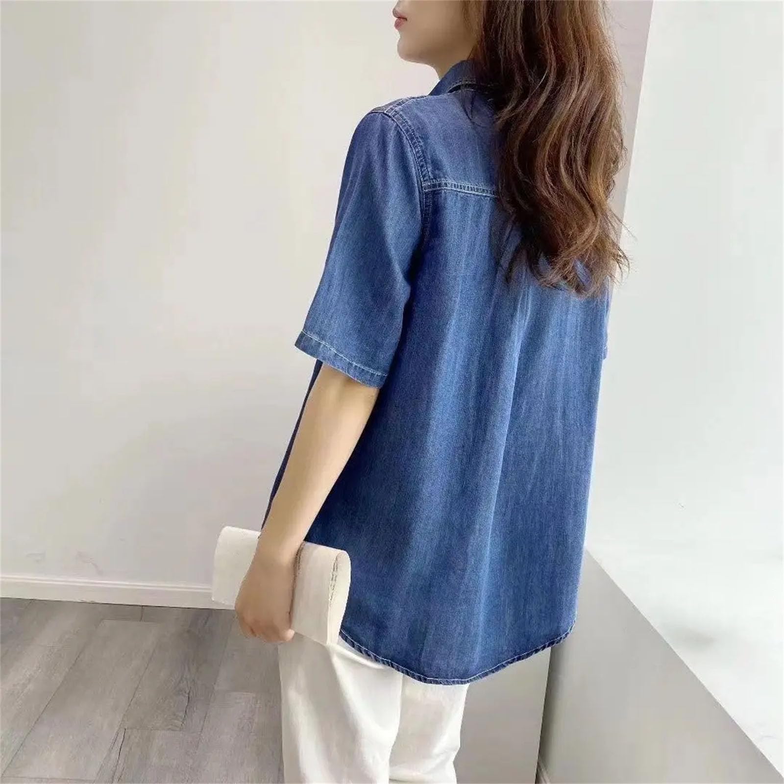 Camicia da donna in denim di cotone, collo con risvolto, maniche corte, vestibilità ampia, controllo della pancia, top casual