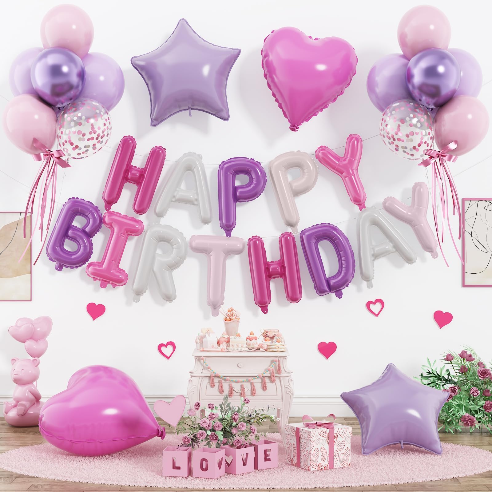 29PC Pink Purple Happy Birthday Balloon Banner, 16 Inch Foil Letters Letter Banner Sign, Pink Purple Balloons Metallic 18 Inch Star Heart Foil Balloon