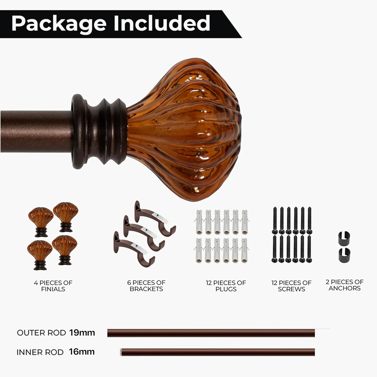 Deco Window Adjustable Curtain Rod for Windows 44 to 120 Inch (Pack of 2) Extendable Heavy Duty 3/4 Inch Iron Drapery Pole with Finials Wall Mounted French Door Curtain Rods (Brown)