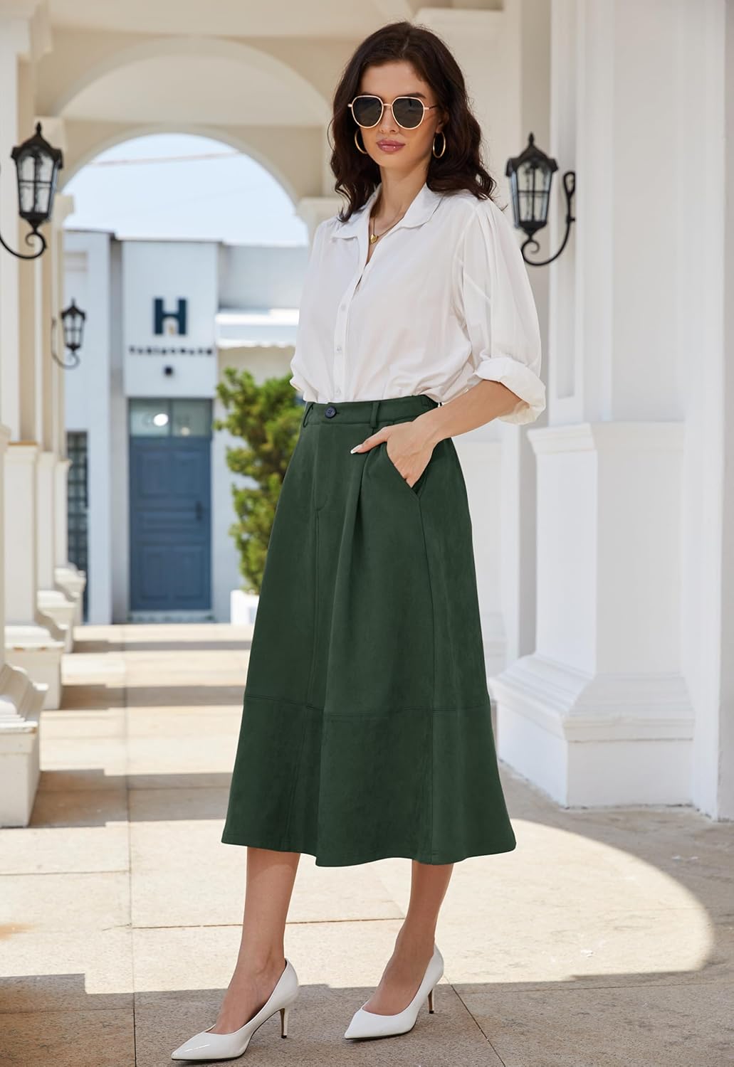 Women's Midi Faux Suede Skirt Flared Elastic High Waisted A-Line Winter Long Skirts for Women with Pockets - Image 2