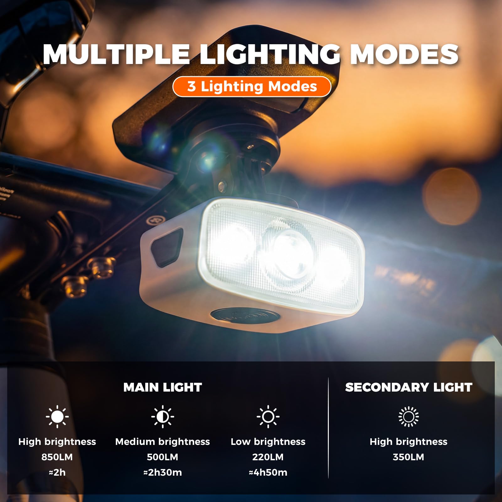 ROCKBROS Luce Bici Anteriore 1200 Lumen, Faro LED USB Ricaricabile 3500mAh, Fascio Antiriflesso, 3 Modalità di Illuminazione, Impermeabile IPX6, per MTB, Bici da Corsam, Città