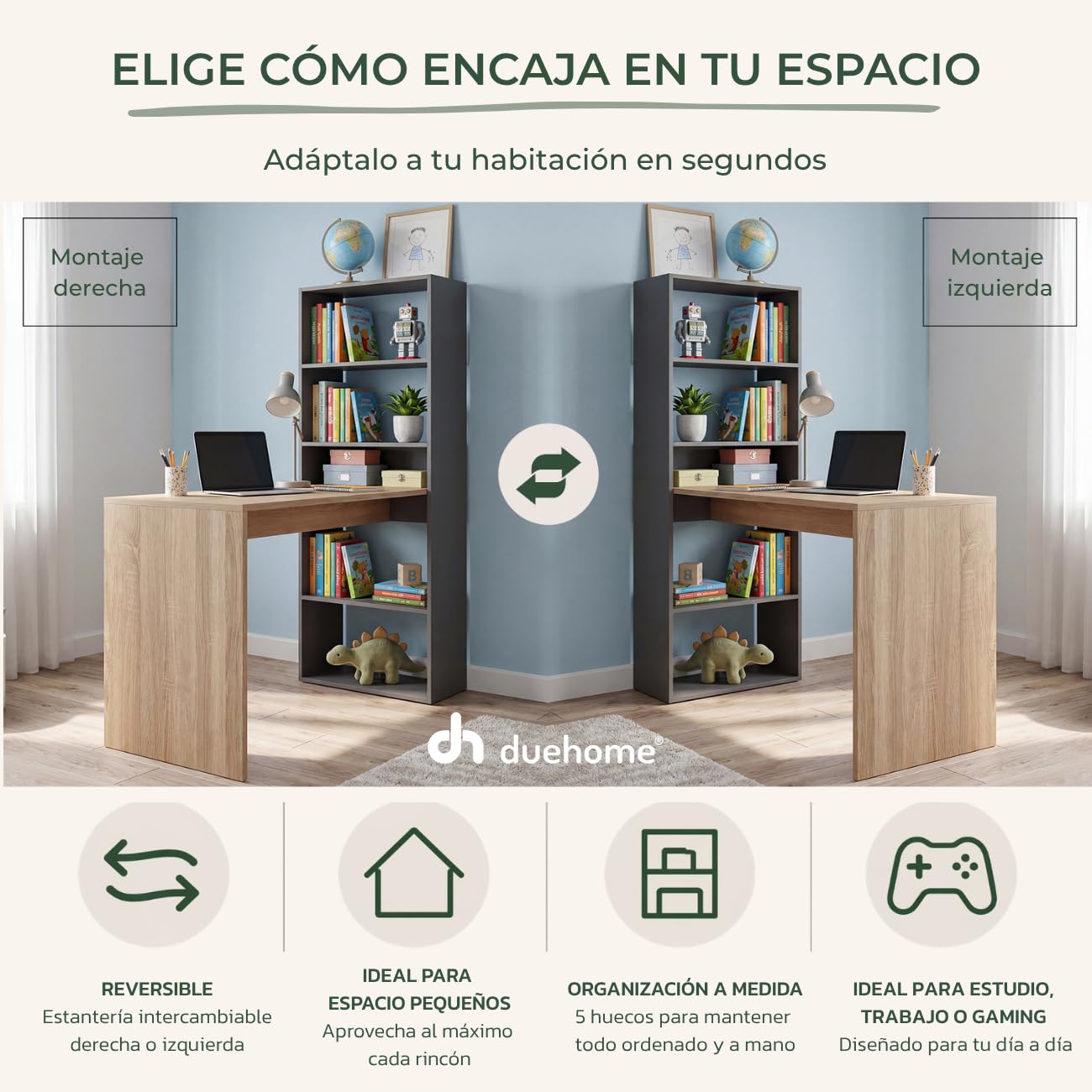 duehome | Escritorio Juvenil con Estanteria Reversible, Mesa de Ordenador, Modelo Cosmic, Acabado en Gris Antracita y Roble Canadian, Medidas: 120 cm (Largo) x 53 cm (Ancho) x 144 cm (Alto)