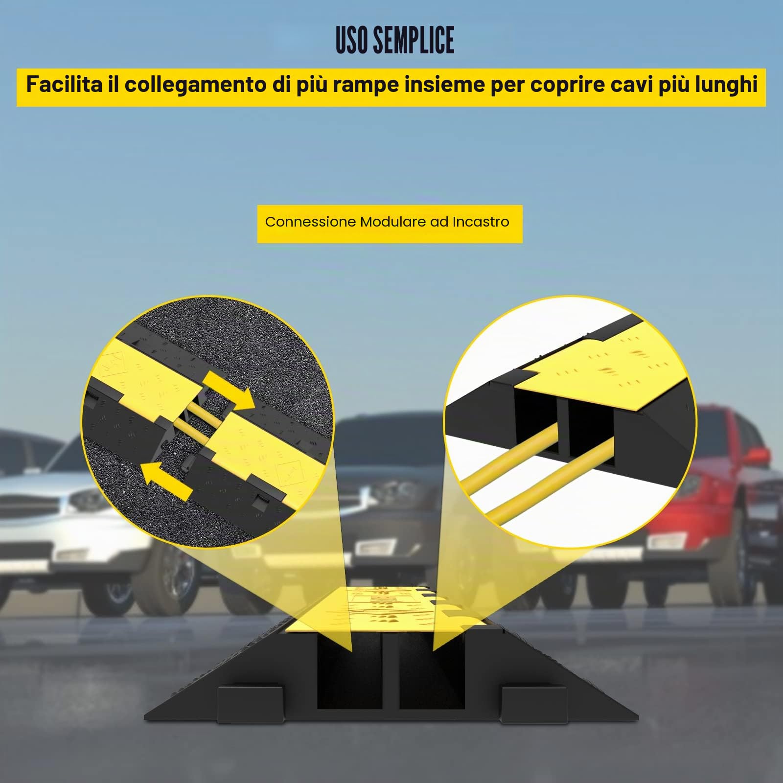 VEVOR Rampa Modulare per Condotto 2 Canale, Protezione Cavo in Gomma e PVC Carico 4.989 kg, Rampa di Protezione per Cavi in Nero Giallo da 4 Pezzi Uso in Parcheggi, Magazzini, Palchi, Scuole, Hotel