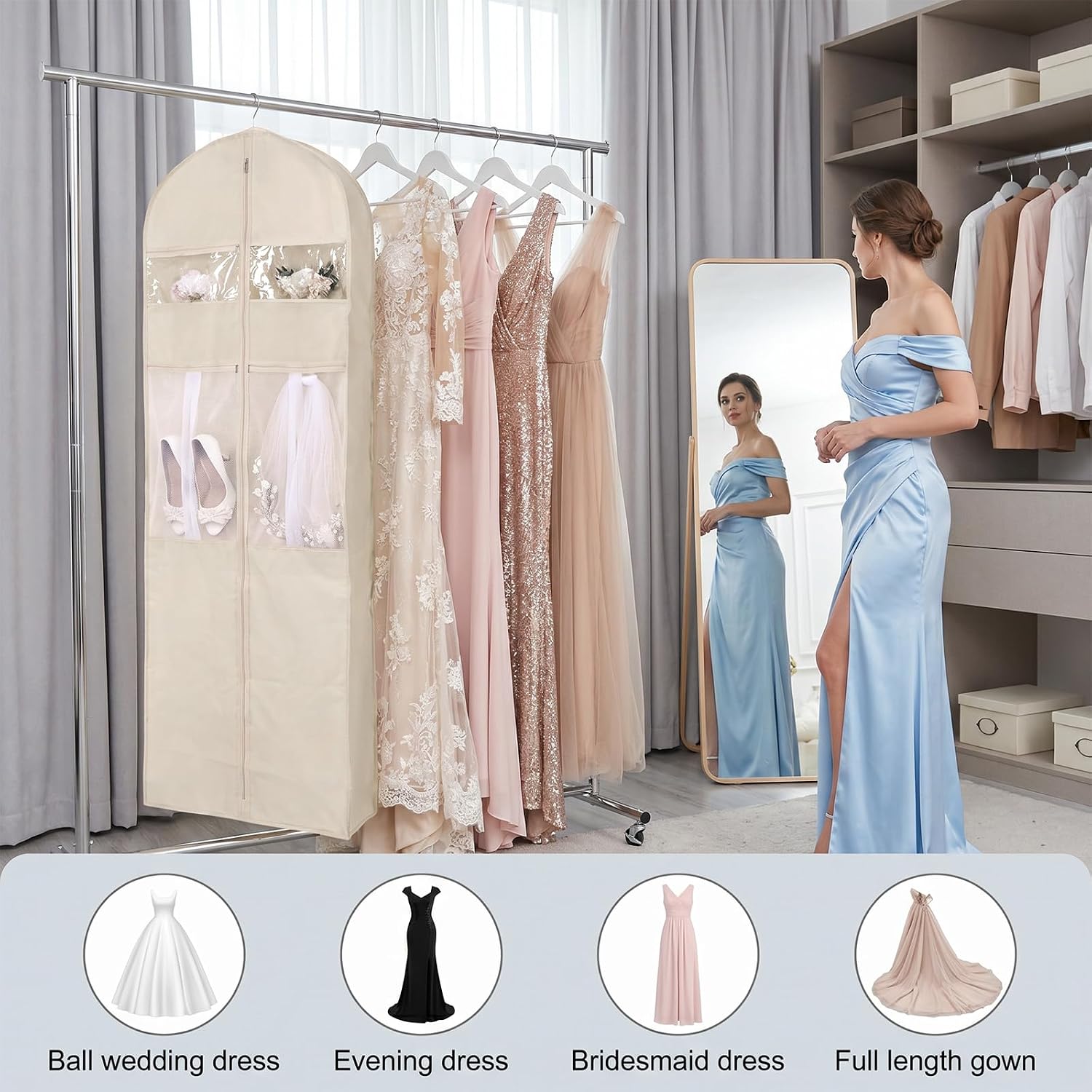 Premium Wedding Dress Garment Bag 71 Inch Tri Fold Large Durable Wedding Dress Bag with Oxford Fabric Tote Handle for Travel Closet Storage Beige image 5