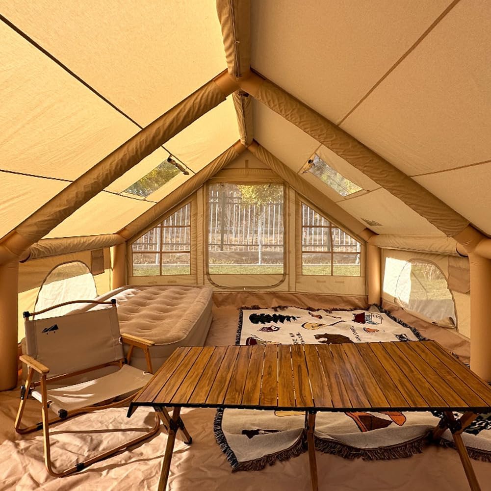 Large Luxury Inflatable Camping Tent Cotton Canvas Tent, Breathable and Waterproof Air Tent with Skylight and Stove Jack Hole for for 4-6-8-10 Person Family Camping