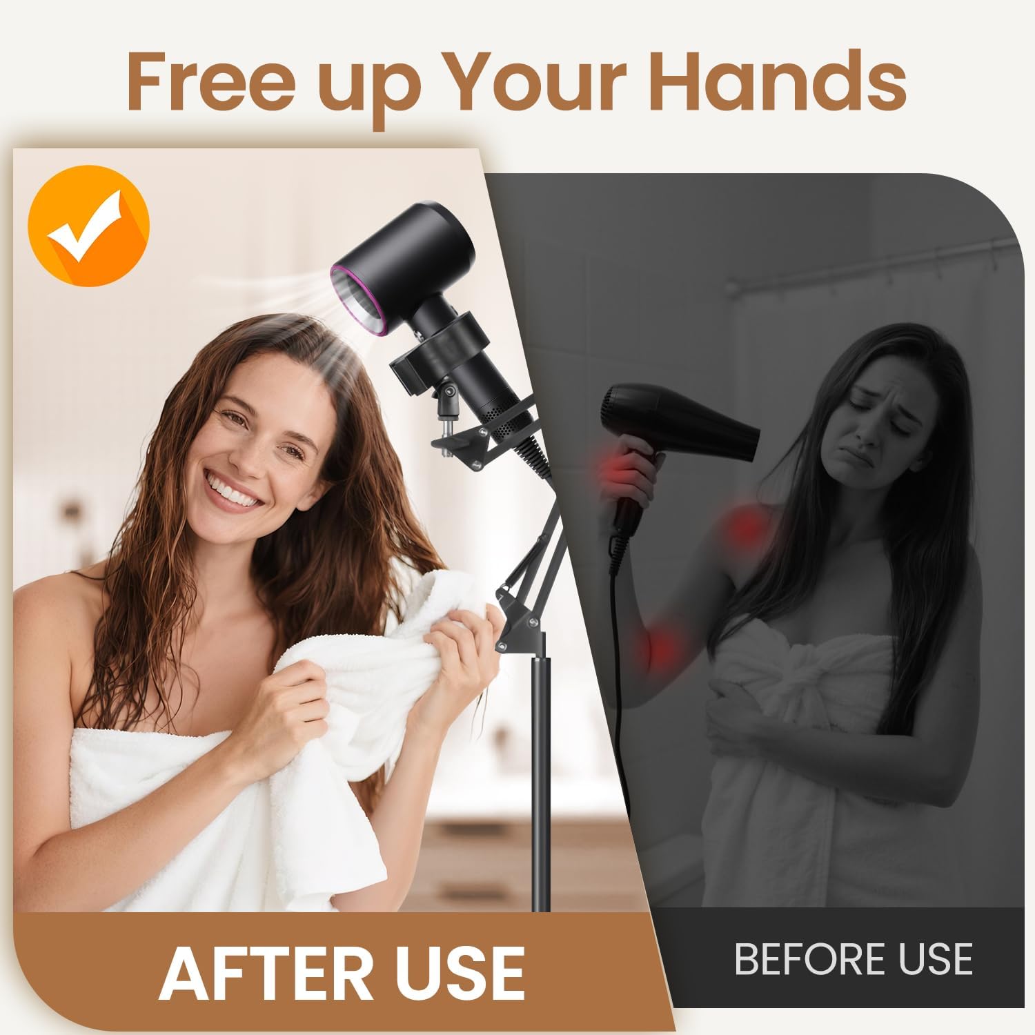 Hands Free Hair Dryer Stand, 67in / 170cm Adjustable Height Hair Dryer Holder with Heavy Base, 360° Rotating Blow Dryer Holder for Bathroom, Makeup Room, Vanity, Salon, Black
