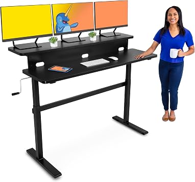 Stand Steady Tranzendesk | 55 Inch Dual Level Standing Desk with Shelf | Easy Crank Height Adjustable Sit to Stand Desk | Stand Up Workstation with Monitor Riser for Home & Office 55in / Black