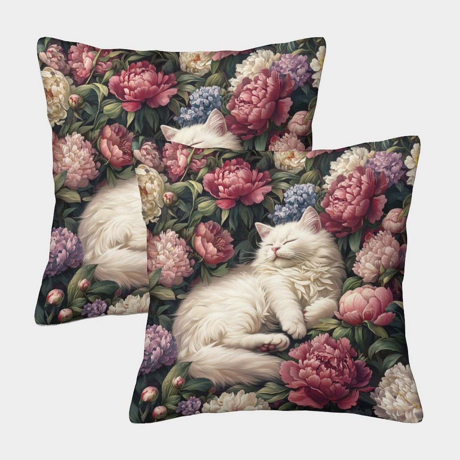 kaiyun 2 Pack White Cat Lying Down,Peony Flower Pillow Case Home Decoration Sofa Cushion Cover 50x50cm