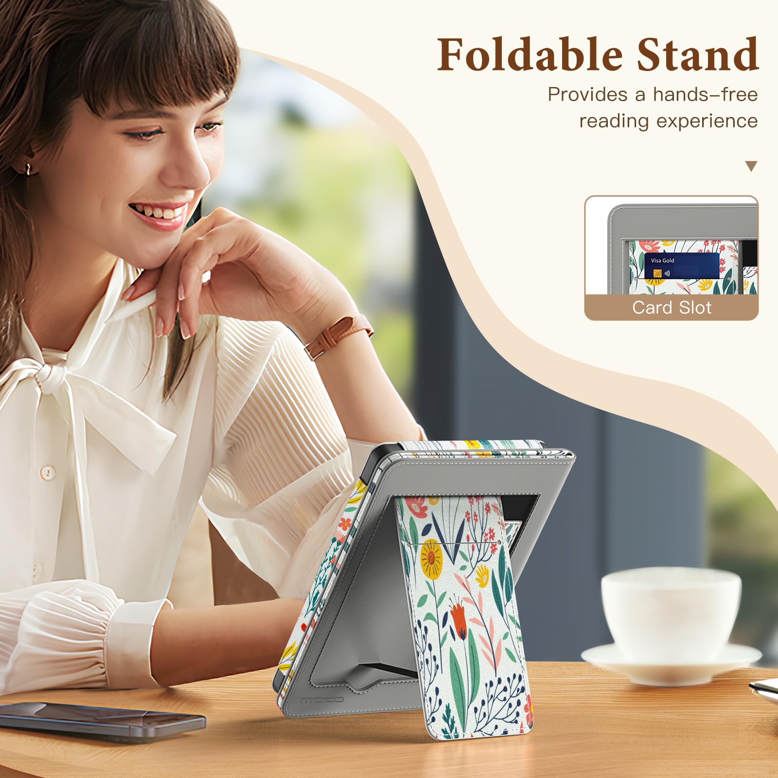 MoKo Étui pour Tolino Shine Color/Shine 5(2024)/4(2022) et Kobo Clara Colour/BW/2E 6", Coque Fine en PU avec Mise en Veille/Réveil Auto, Emplacement pour Carte, Dragonne et Support Pliable, Fleur