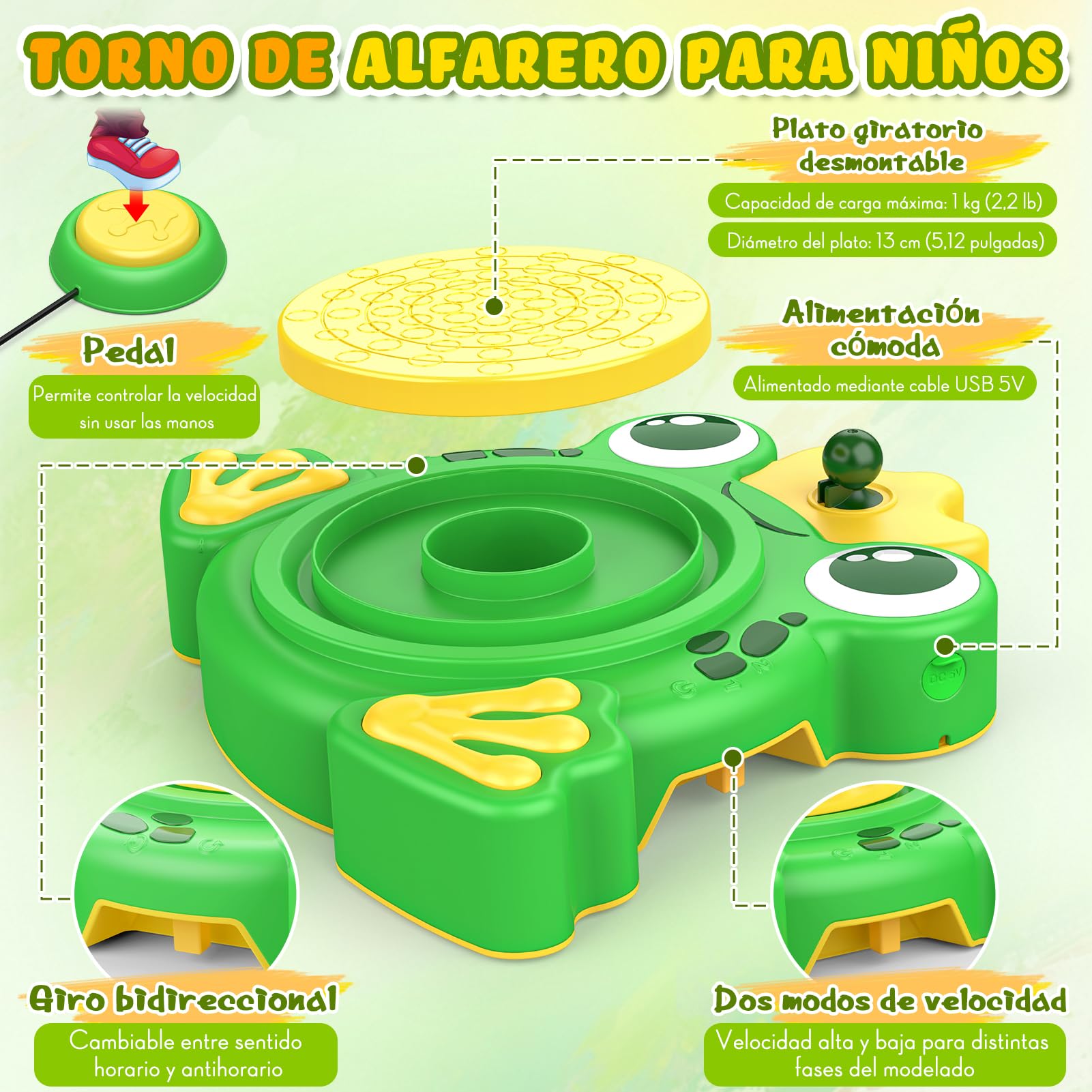 Naxudcoo Torno de Alfarería para Niños, Kit Manualidades Niños con Arcilla y Pinturas, Kit de Cerámica de Rana, Juguete Educativo de Manualidades, Regalo de Cumpleaños para Niñas 6+ Años