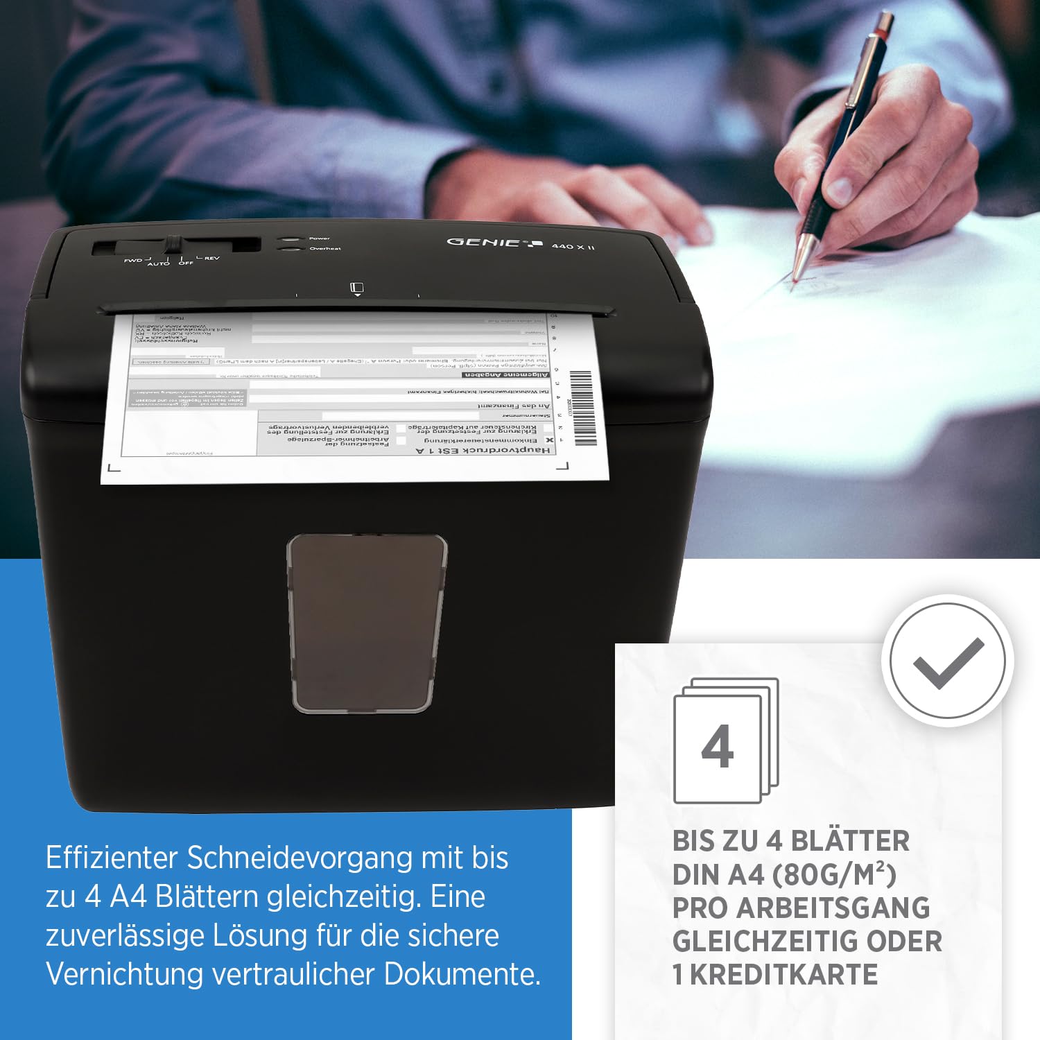 Genie Trituradora de papel P4 440 X II, práctica trituradora de papel con corte en partículas, volumen de recogida de 9 l y parada de arranque automático, trituradora compacta para casa u oficina