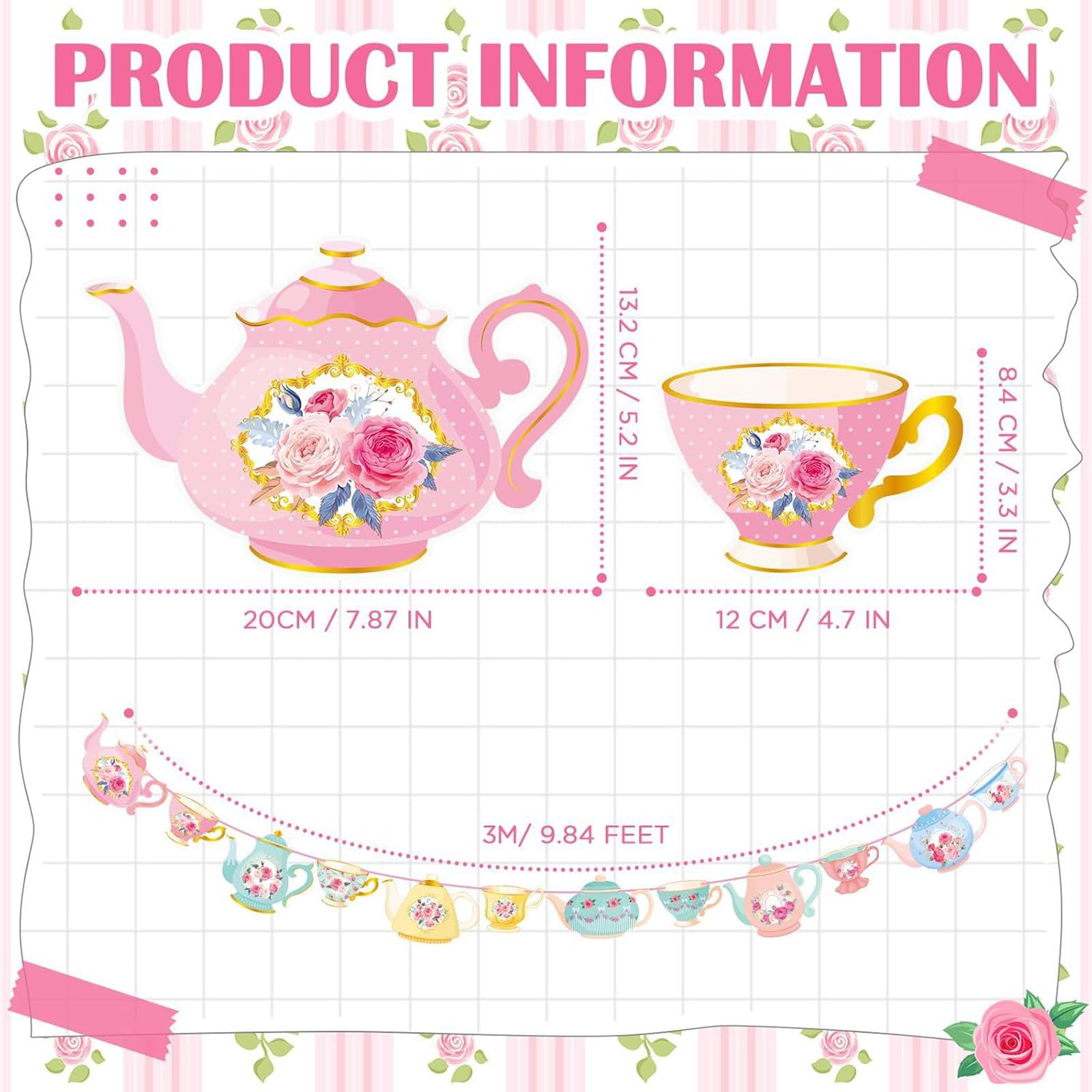 Vintage Tea Party Decorations Banner - Elegant Afternoon Tea Time Bunting with Floral Design for Adult Party, Bridal Shower & Home Decor (Pink & Mint Green) — view 5