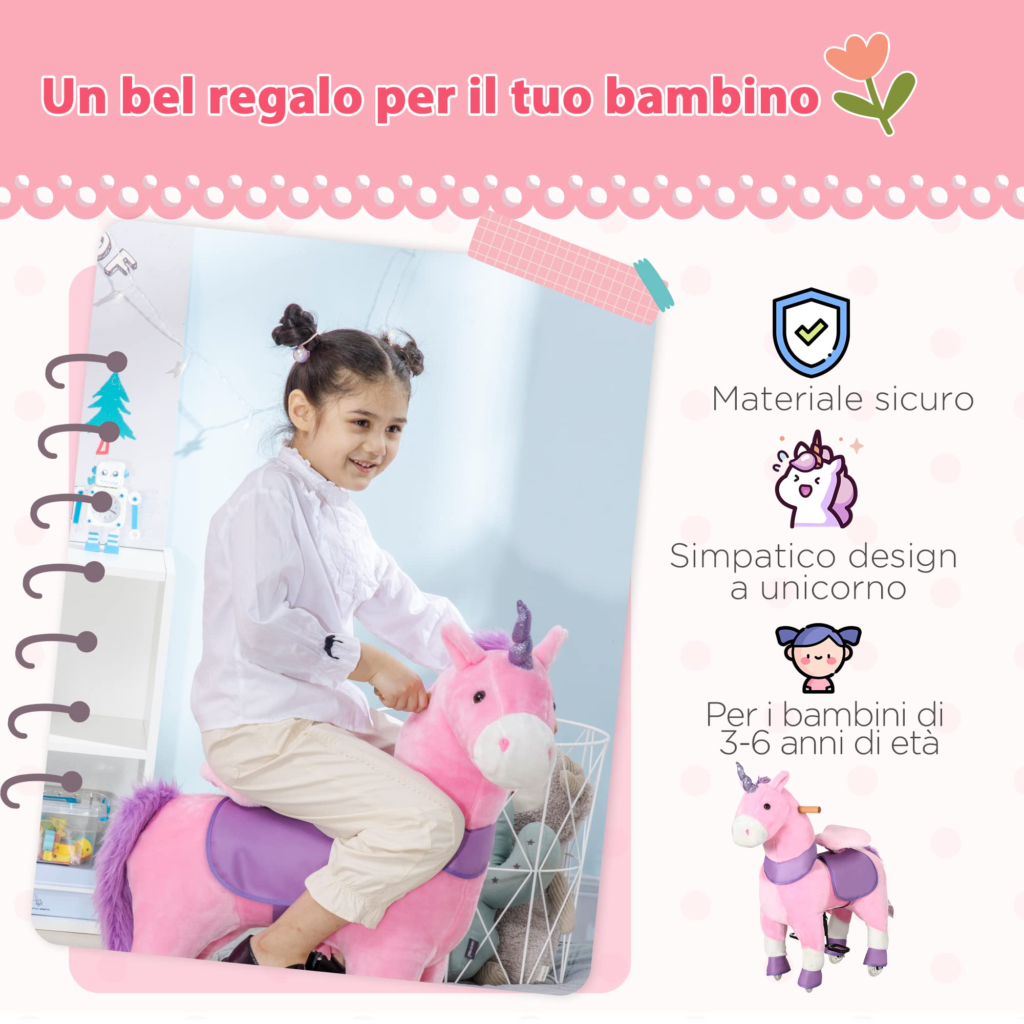 HOMCOM Cavallo a Dondolo con Ruote per Bambini 3-6 Anni 70x32x87cm Rosa | Giocattolo da Equitazione a Forma di Unicorno, Gioco Cavalcabile