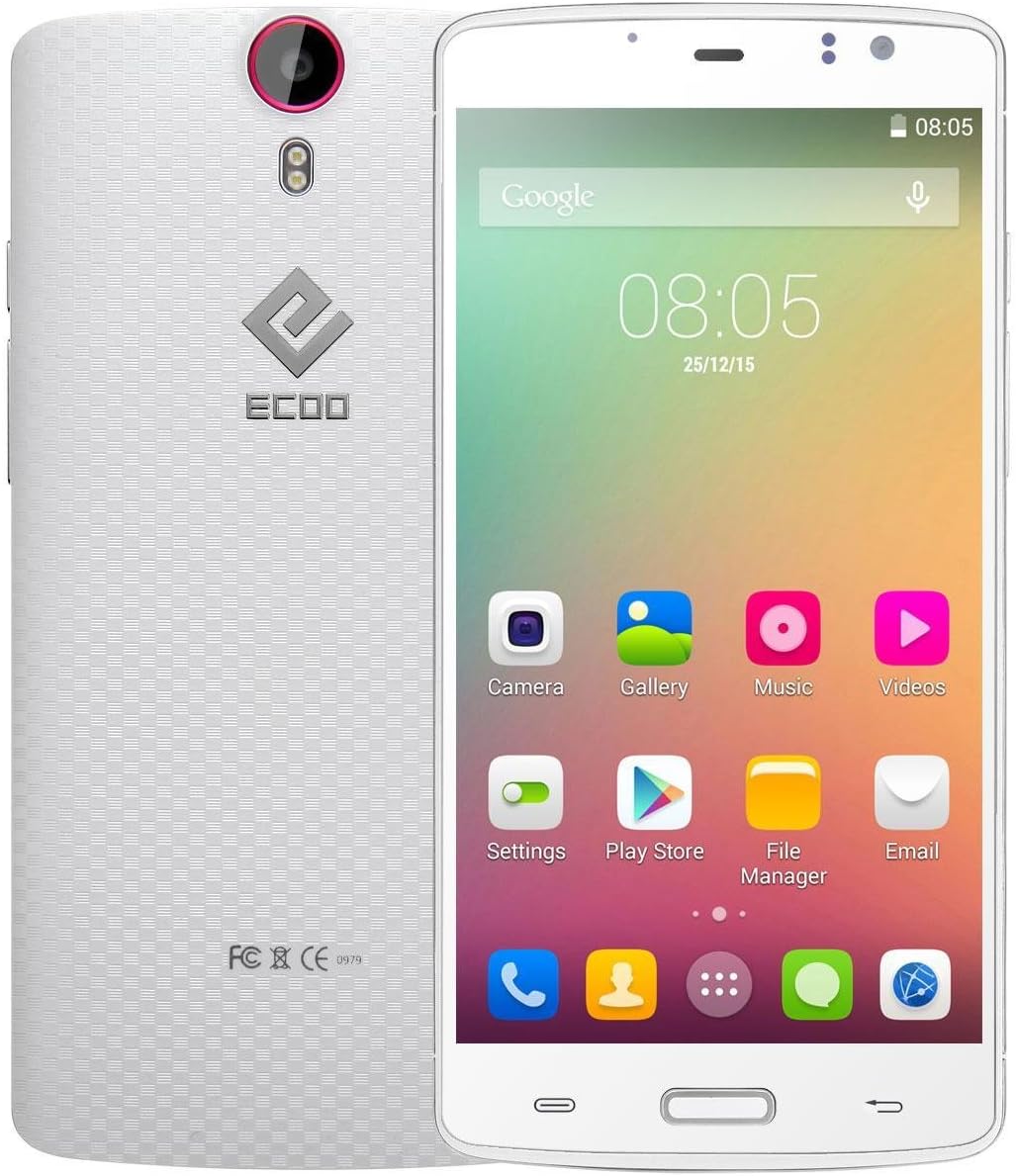 ECOO Aurora E04 Unlocked 5.5 Inch 2.5D IPS FHD Touchscreen MTK6752 Octa Core 64-bit Android 4.4 Os 4G Phone with 13MP Camera 2GB RAM 16GB ROM Fingerprint Recognition (White)