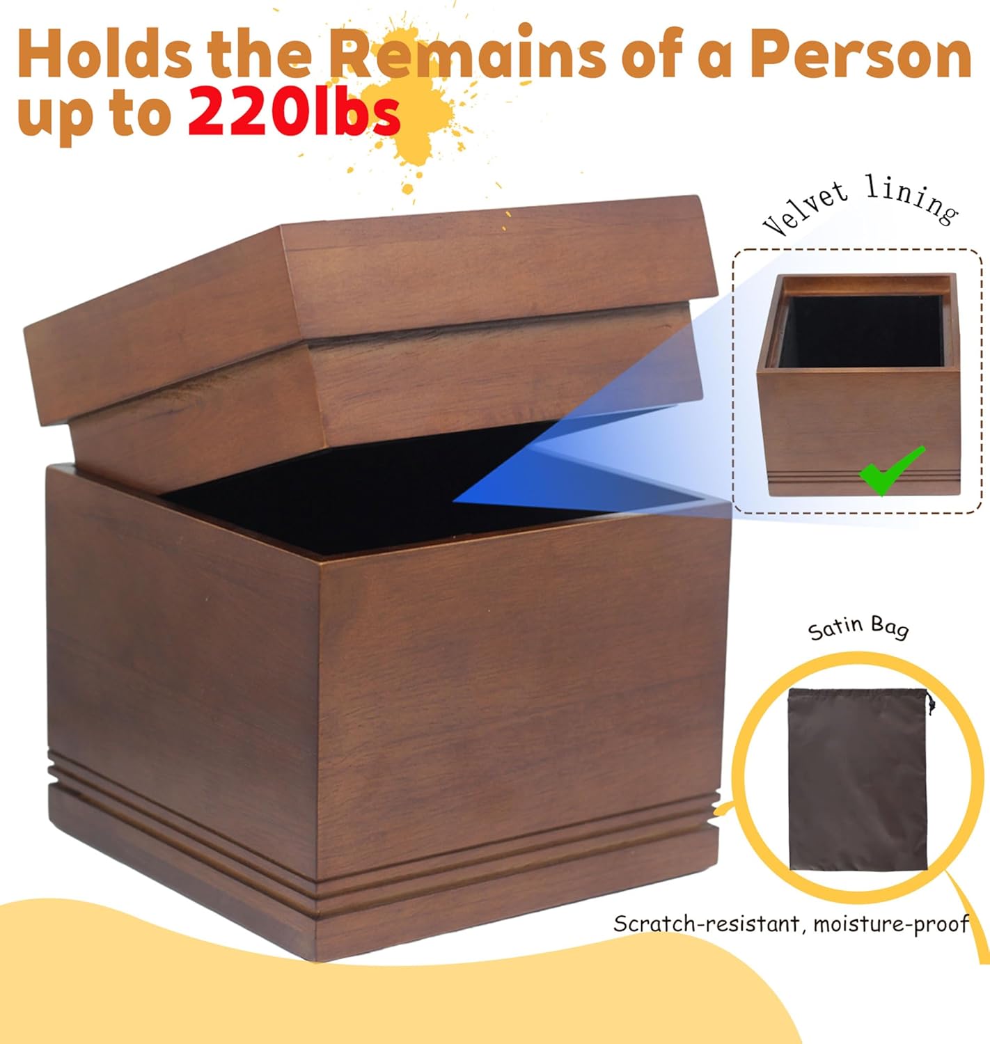 Handcrafted Extra Large Wooden Urns for Human Ashes AdultMale & Women-220 lbs,Cremation Urns Decorative Box with Satin Bag (Square Minimalist Style, 220lb) - Image 6