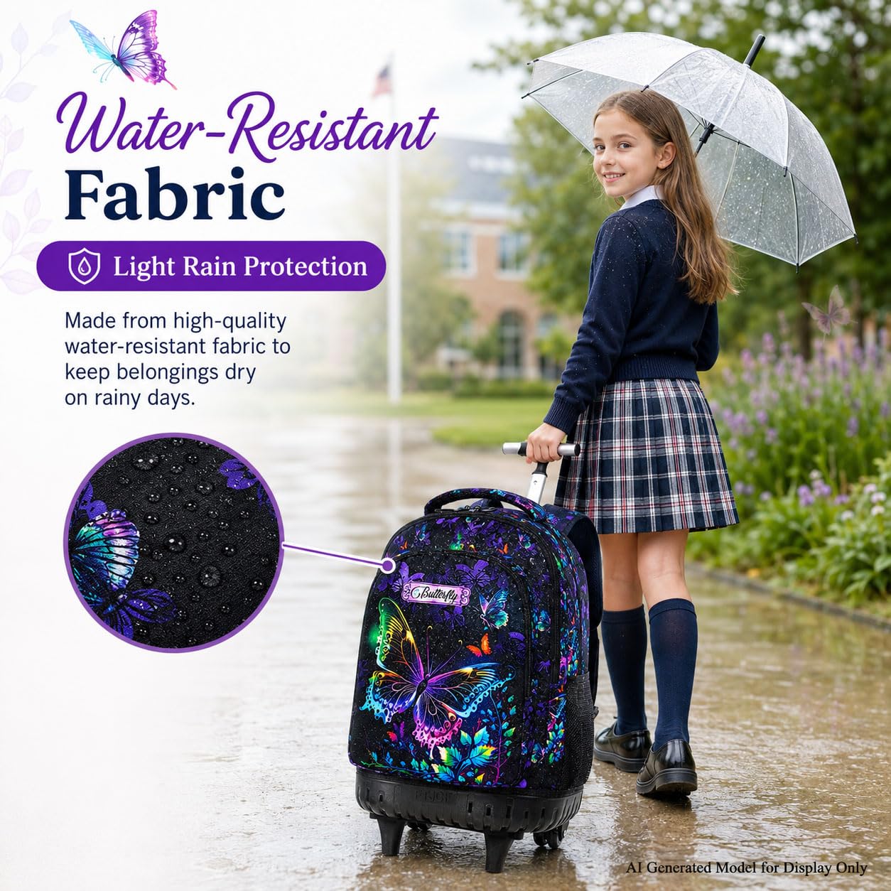 Mochila con ruedas de 3 piezas para niñas y mujeres, mochila con ruedas para niños, juego de mochilas con ruedas de mariposa para niños pequeños de primaria (negro), Negro mariposa, 48,26 cm,