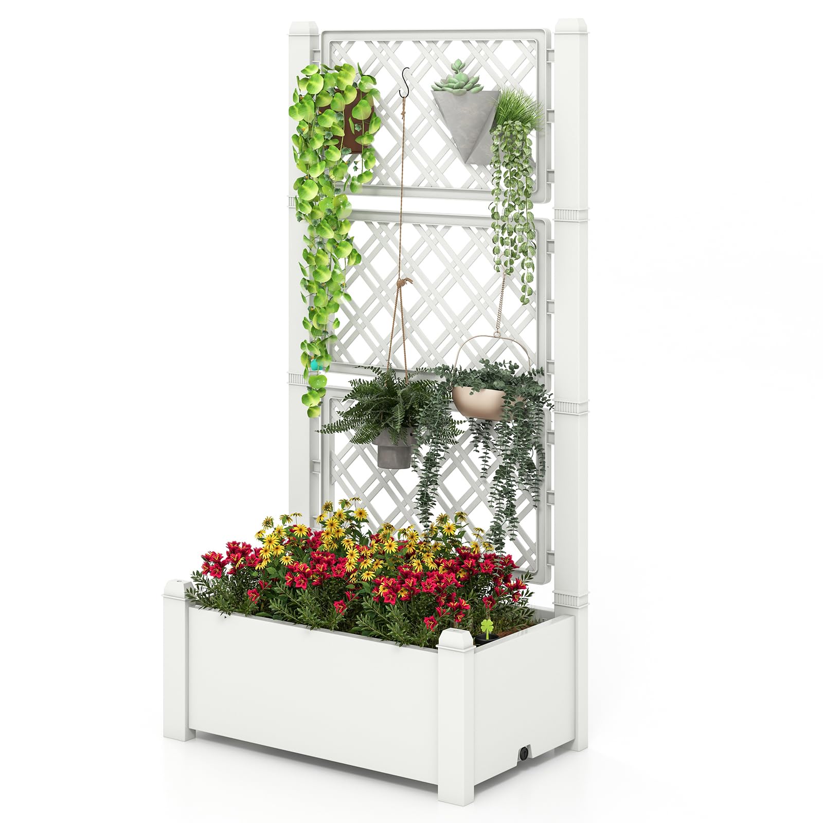 HOMASIS Jardinera con Enrejado de 3 Niveles, Altura Regulable, Cama elevada con indicador de Nivel de Agua, separadores extraíbles y Orificio de Drenaje, para Plantas trepadoras, 76x45x150cm (Blanco)